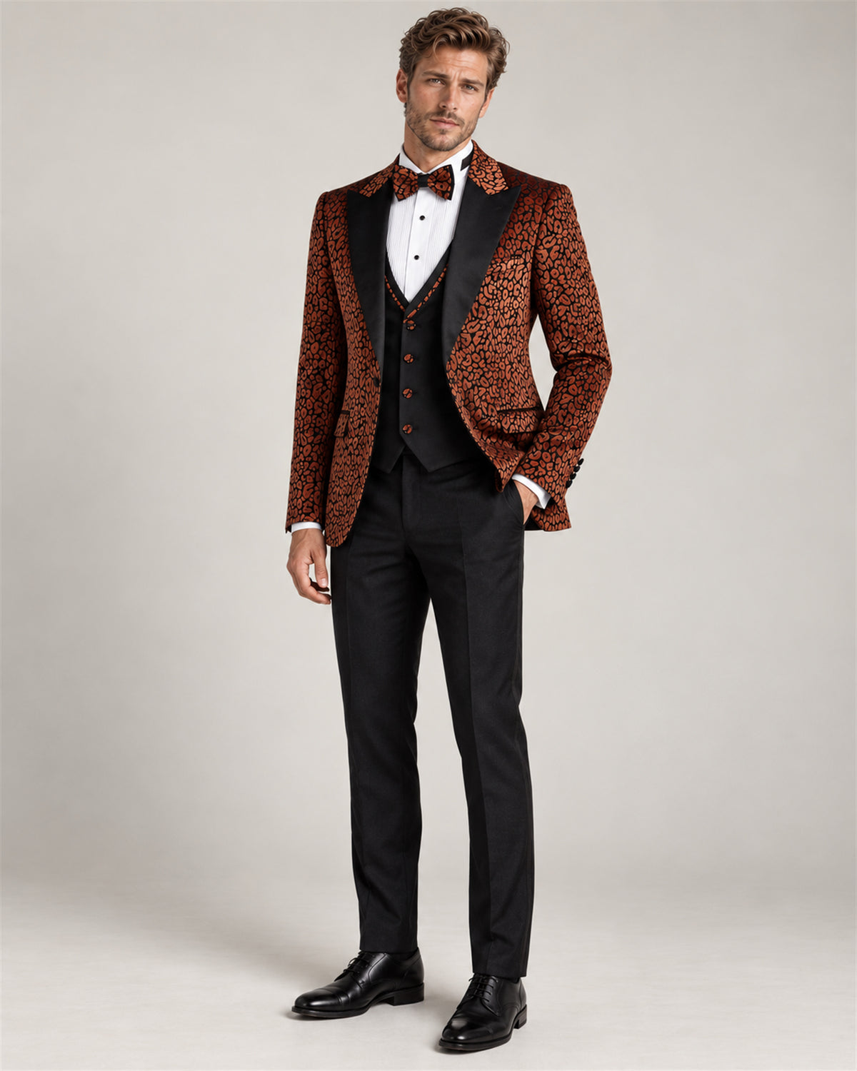Ottawa orange patterned slim-fit tuxedo – full-length view on model