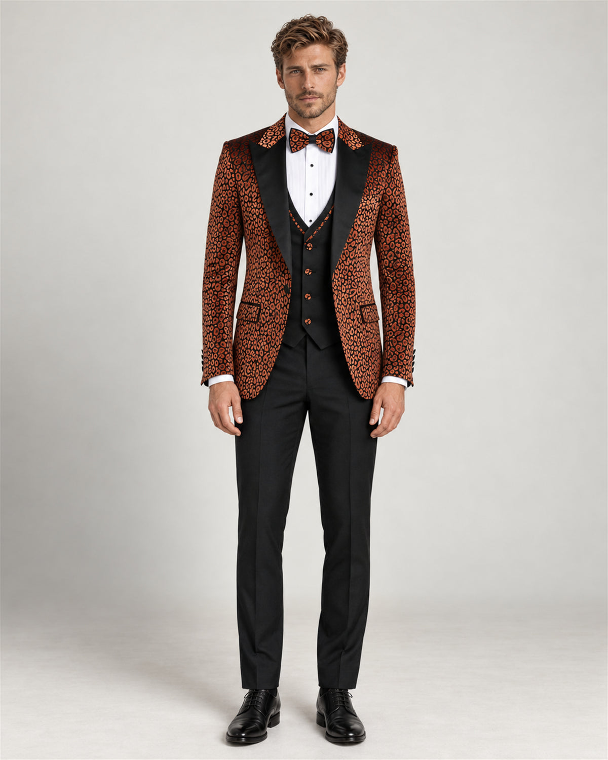 Ottawa orange patterned slim-fit tuxedo – full-length view on model