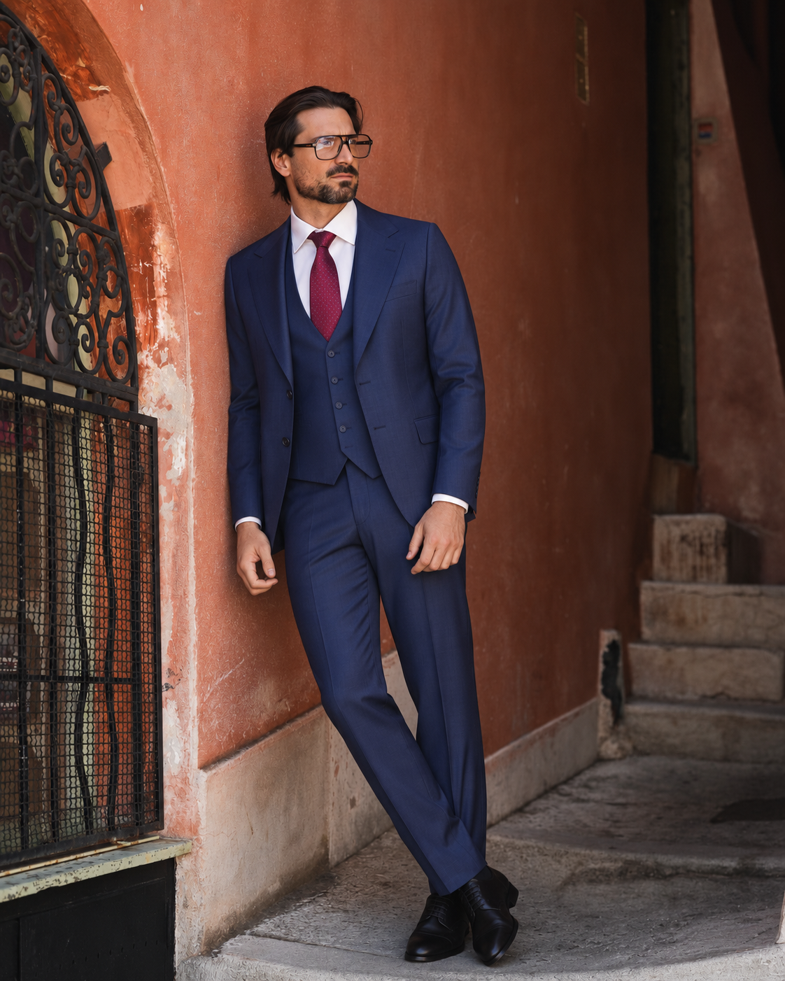 Marineblauer karierter Slim-Fit-Dreiteiler aus Wolle – Ganzkörperansicht am Modell