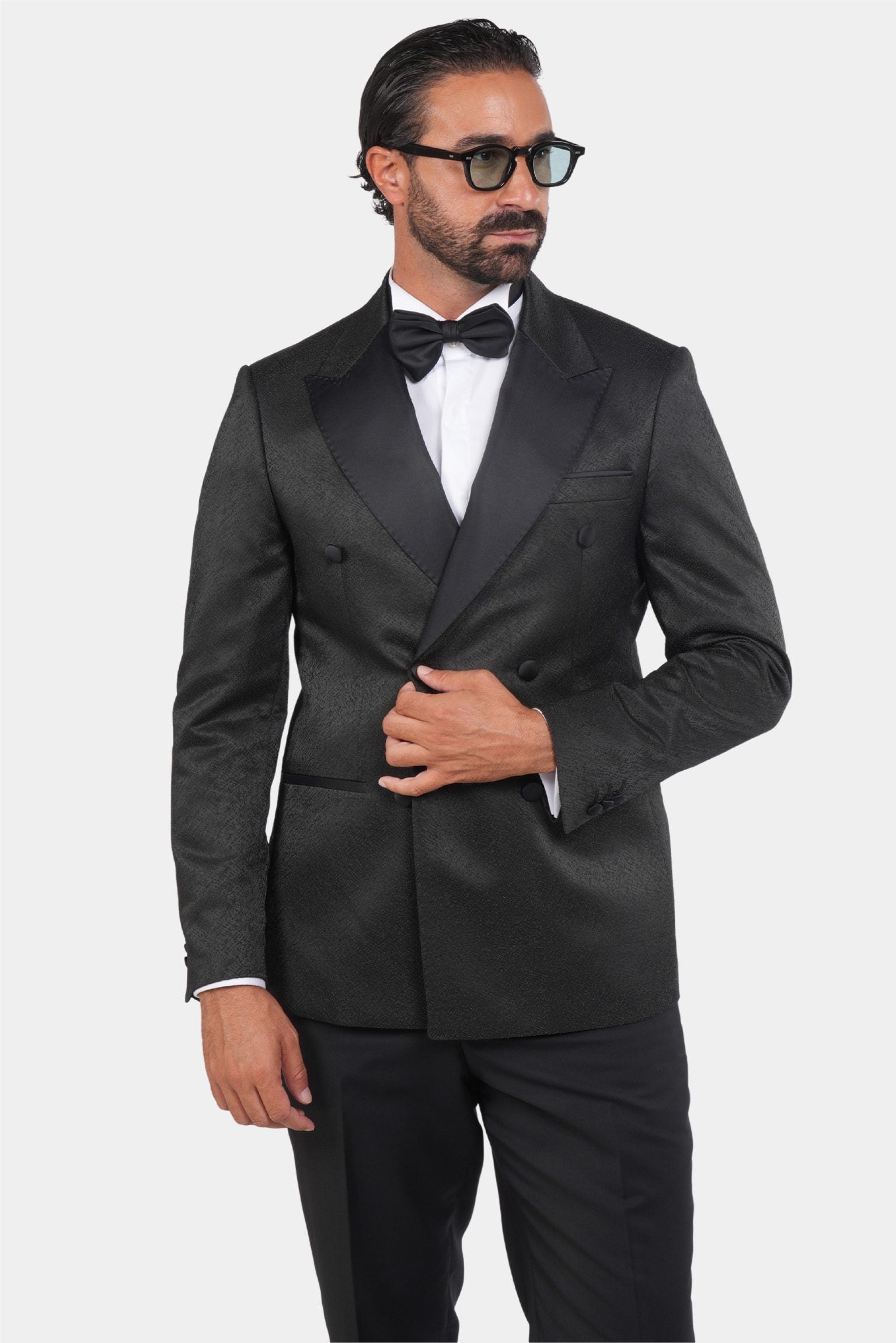 Smoking Herren Schwarz – Doppelreiher mit Strukturstoff & Satin-Revers