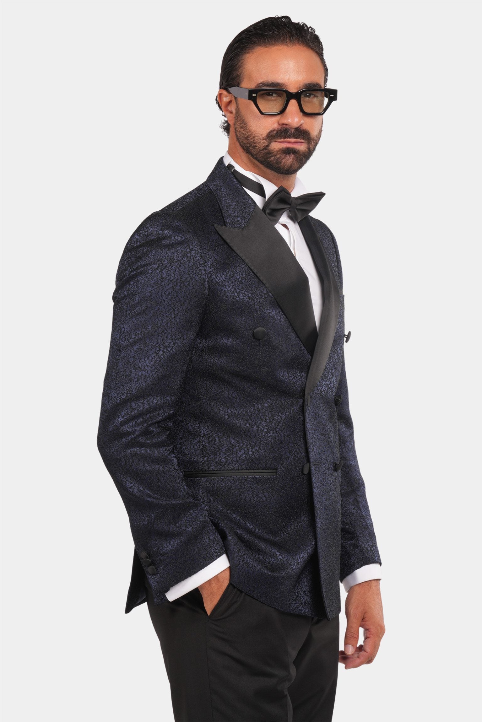 Smoking Herren Blau-Schwarz – Doppelreiher mit Satin-Revers & Struktur