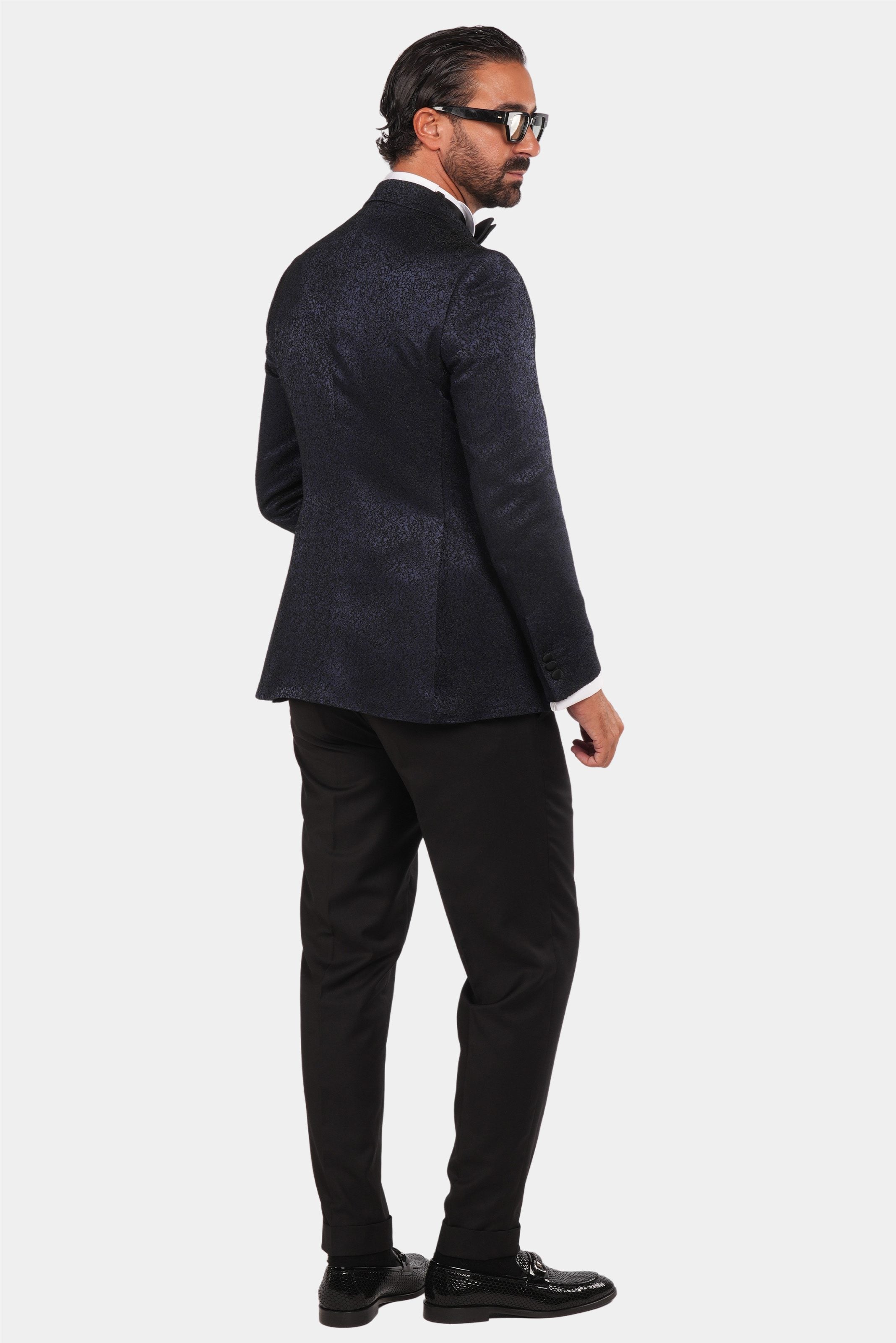 Smoking Herren Blau-Schwarz – Doppelreiher mit Satin-Revers & Struktur