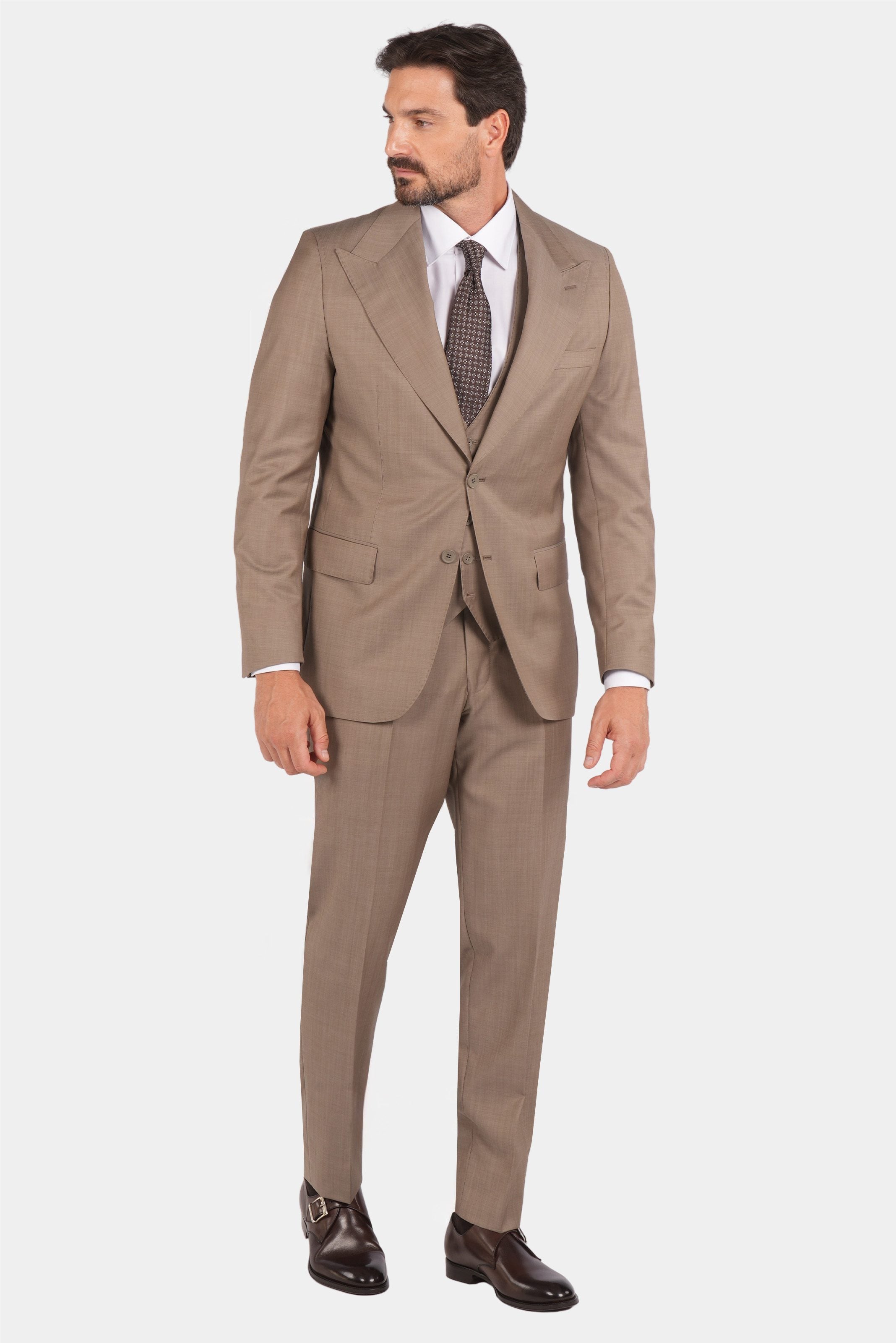 Sandbeige Dreiteiliger Woll-Anzug mit Tailored Fit