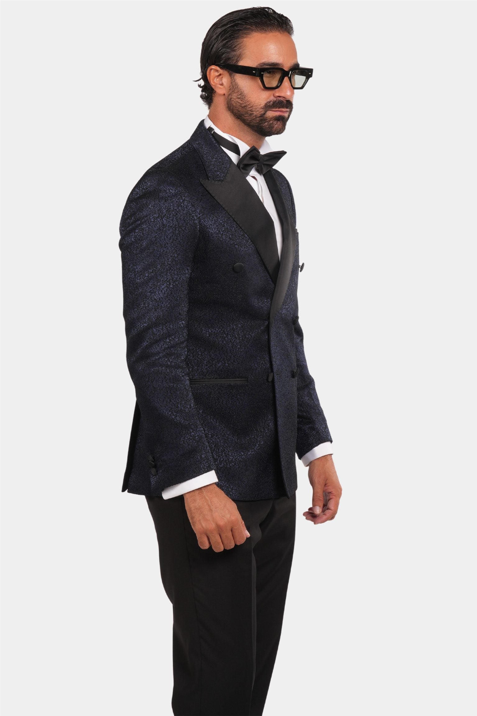 Smoking Herren Blau-Schwarz – Doppelreiher mit Satin-Revers & Struktur