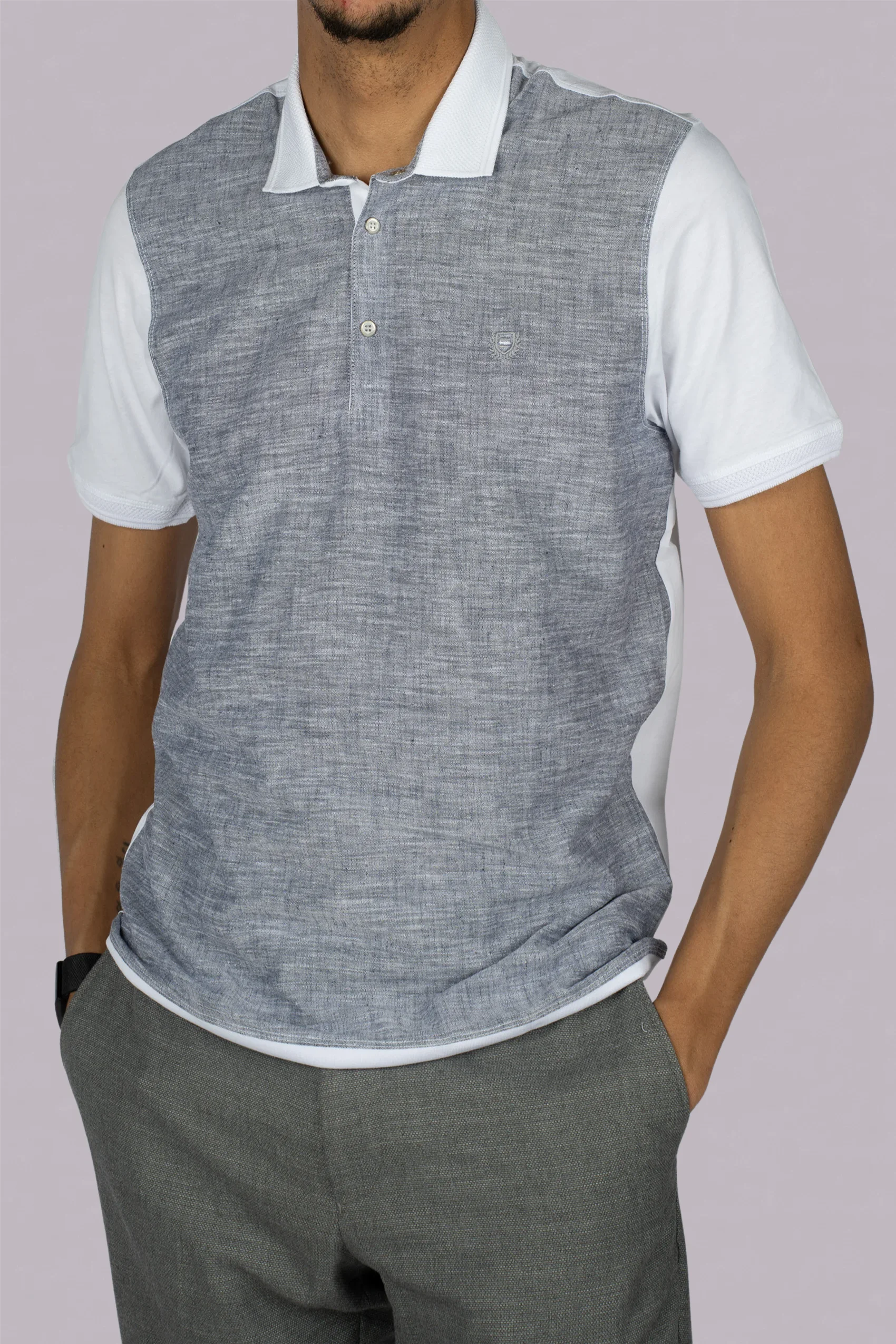 Grau-weiß gemustertes Baumwolle-Poloshirt