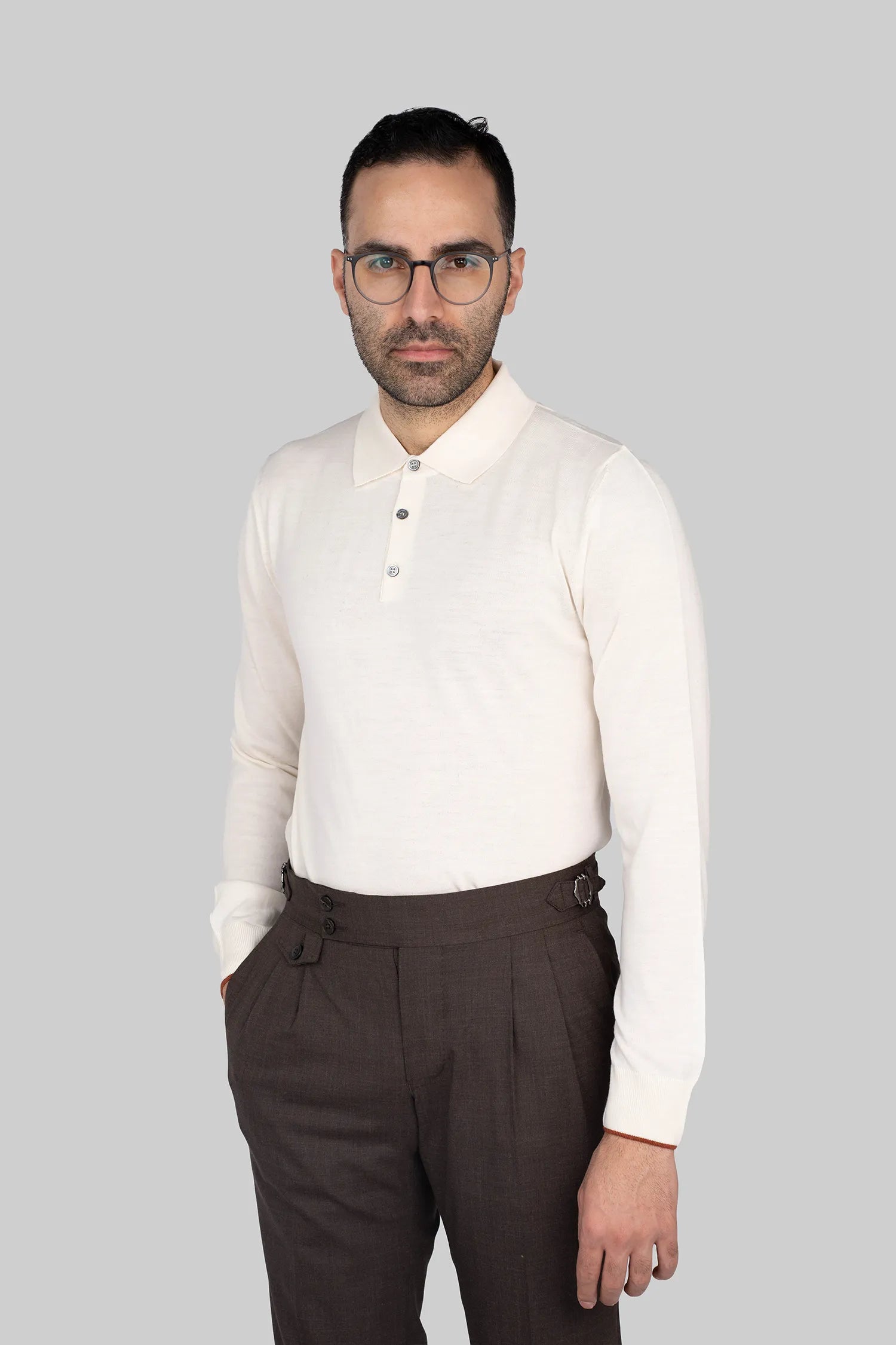 Cremefarbener Wollmischung-Henley-Pullover