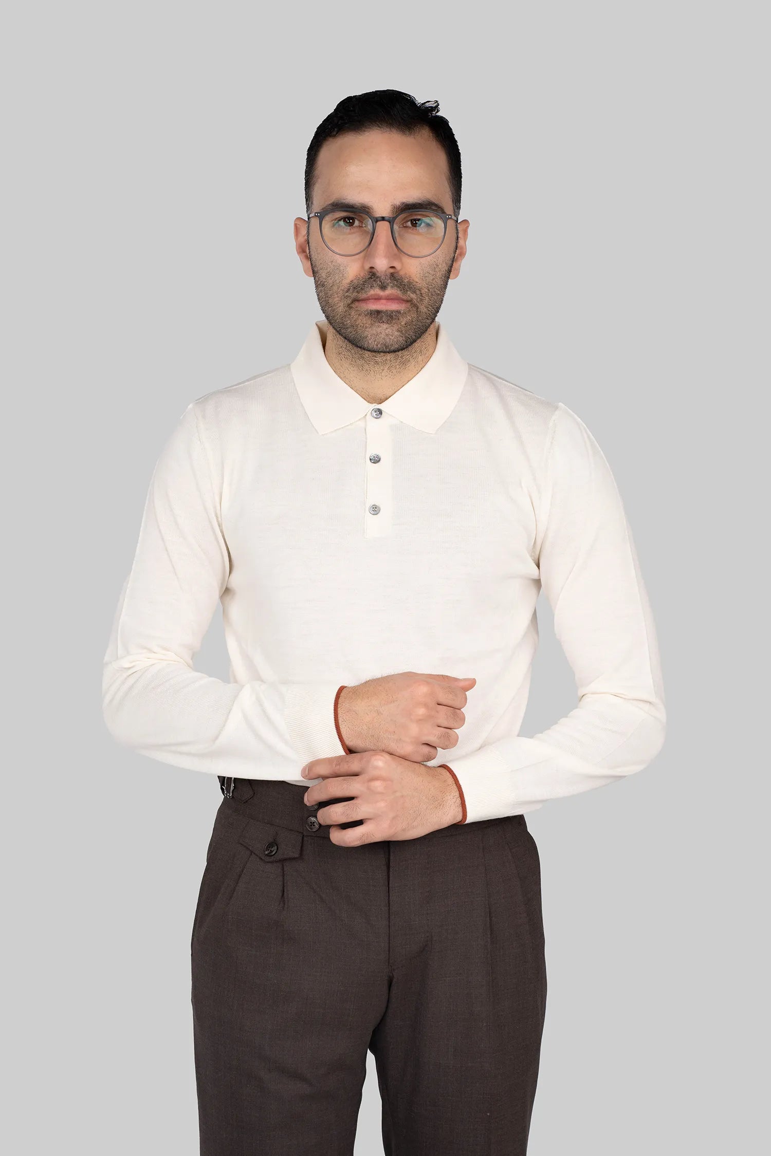 Cremefarbener Wollmischung-Henley-Pullover