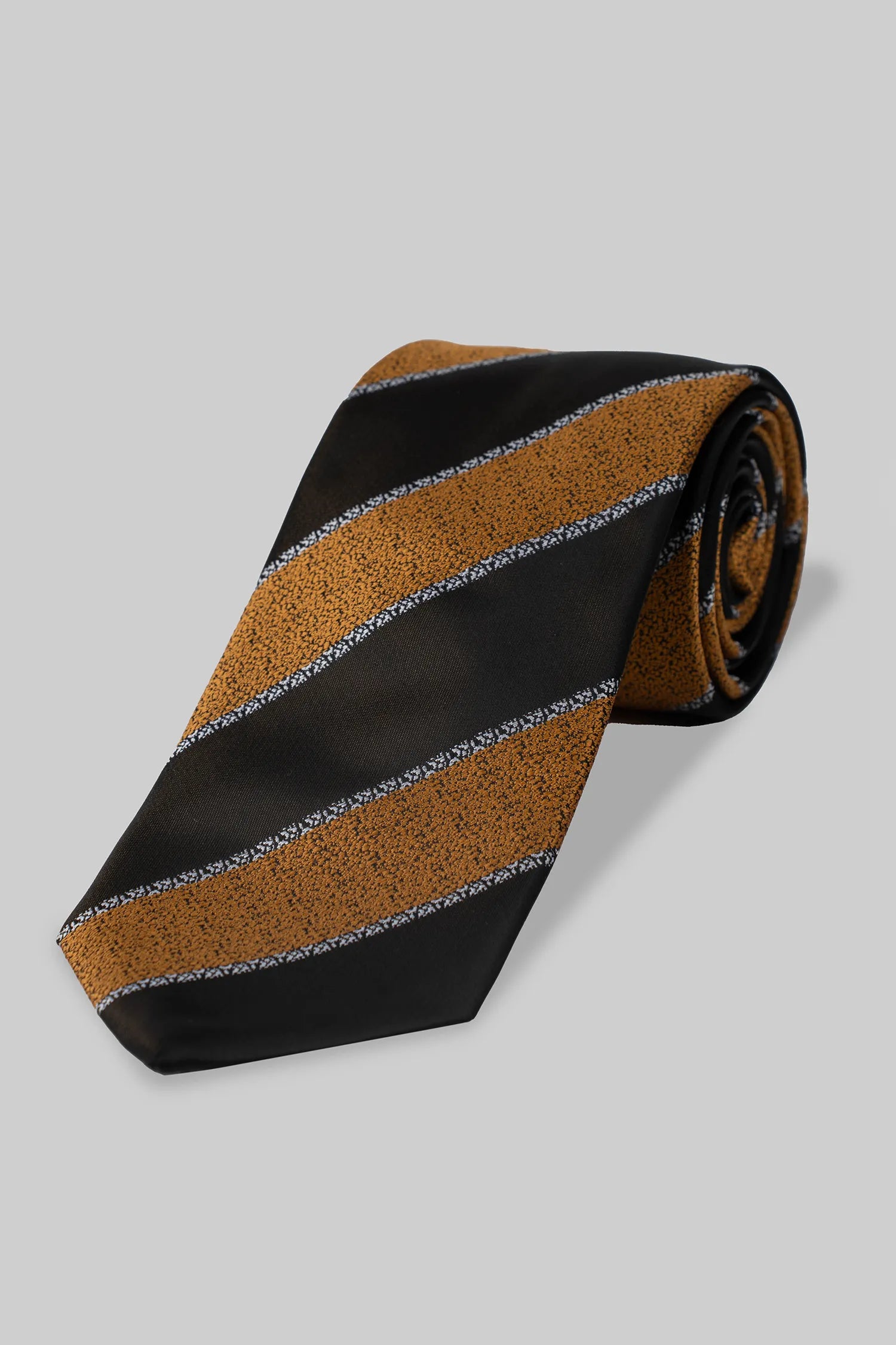 Brown and yellow striped microfiber tie and pocket square