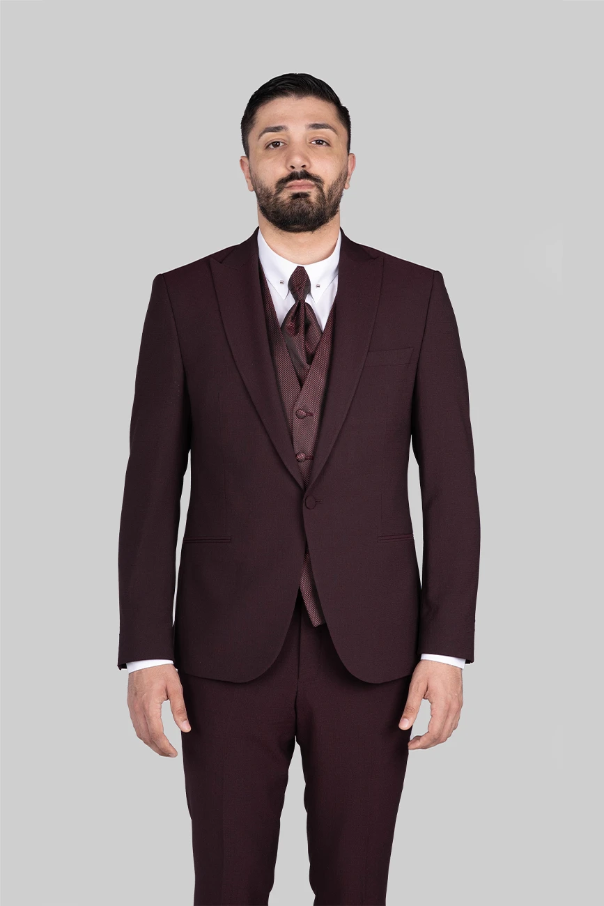 Bordeaux-colored three-piece microfiber suit with tailored fit