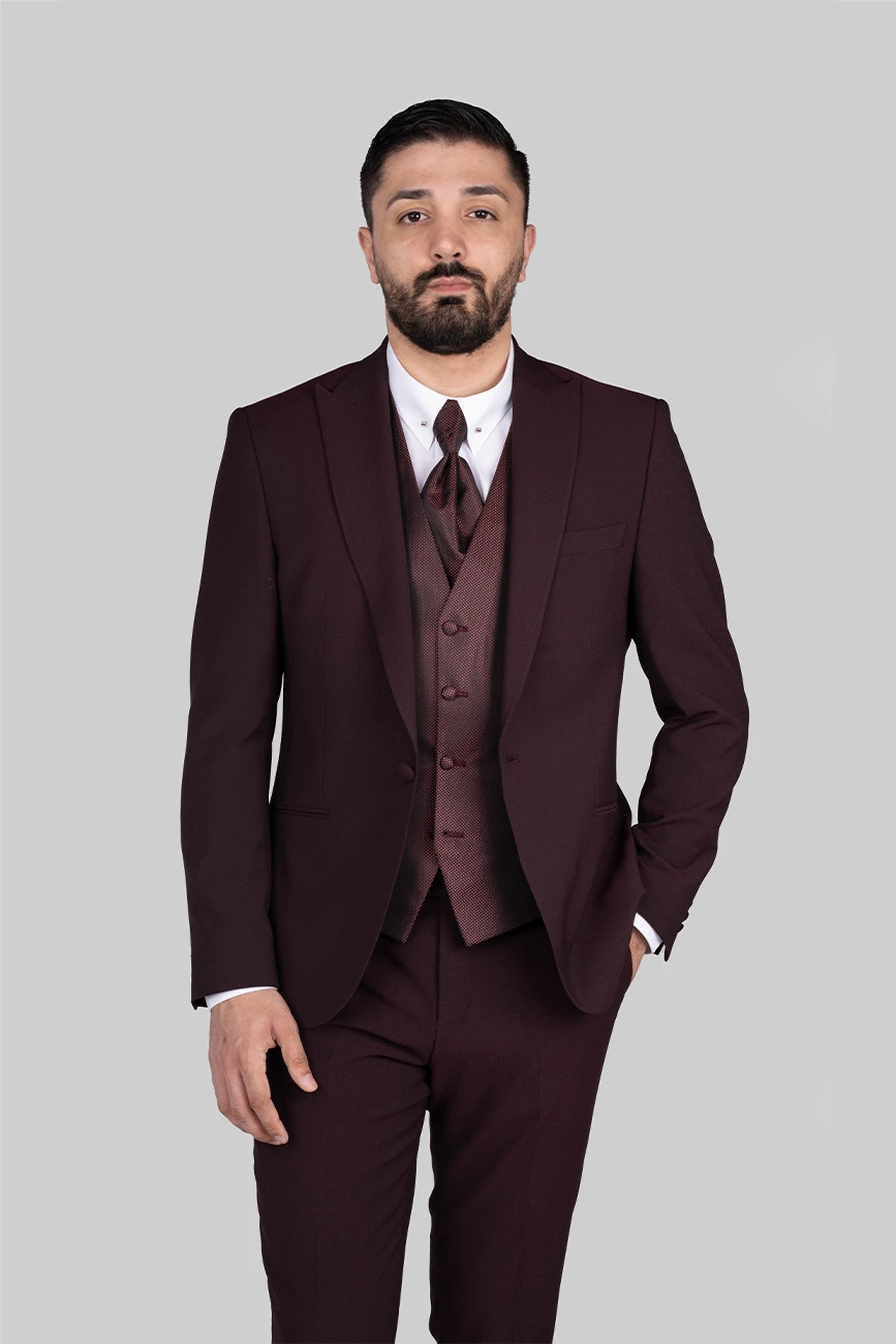 Bordeaux-colored three-piece microfiber suit with tailored fit