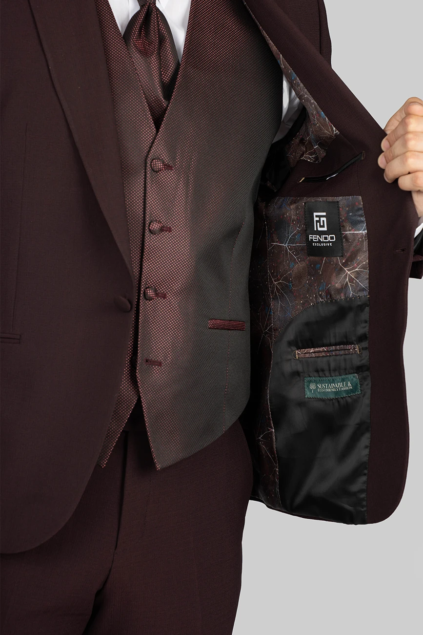 Bordeaux-colored three-piece microfiber suit with tailored fit