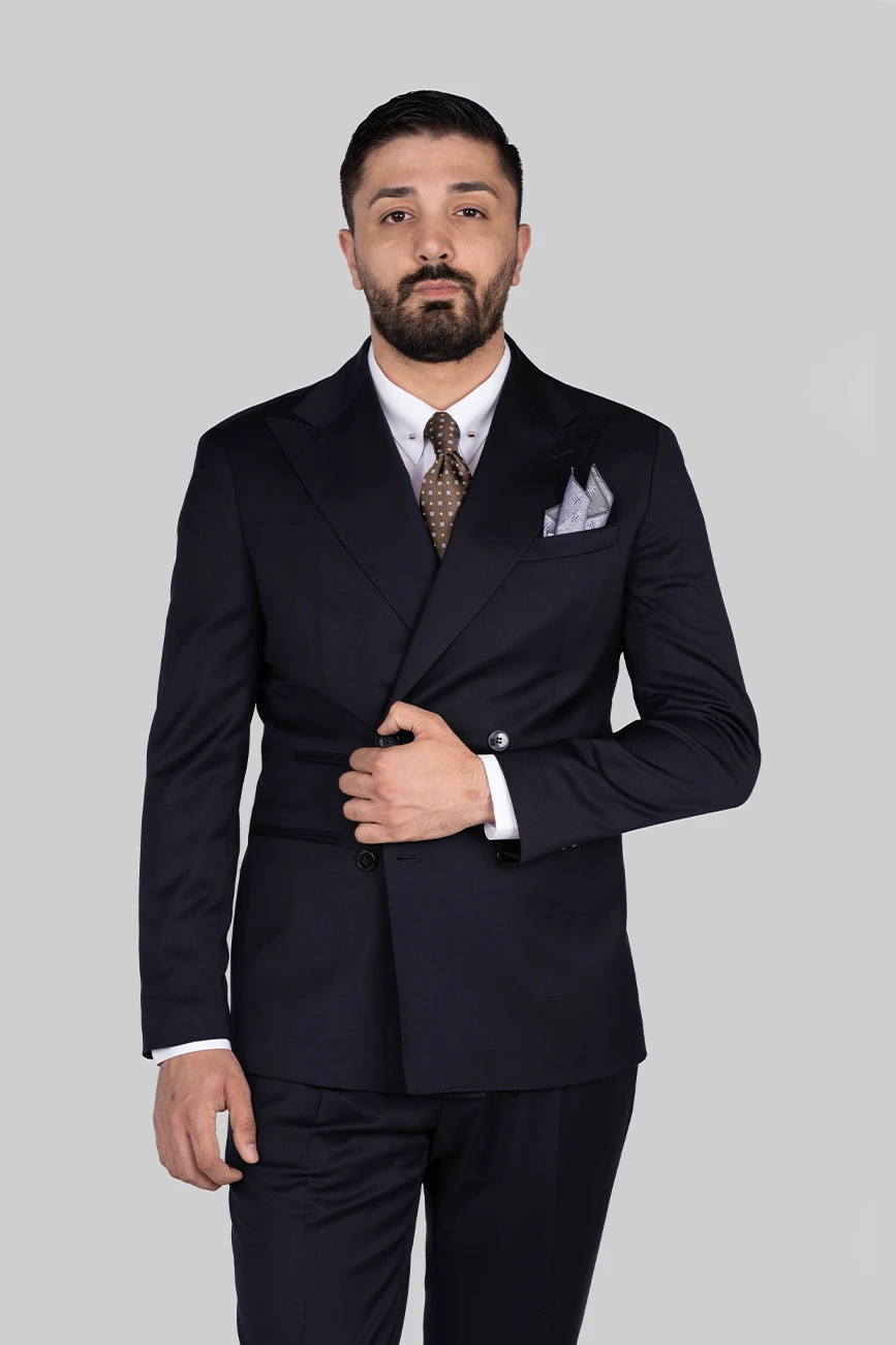 Dunkelblauer Doppelreiher-Anzug aus Wolle mit Tailored Fit