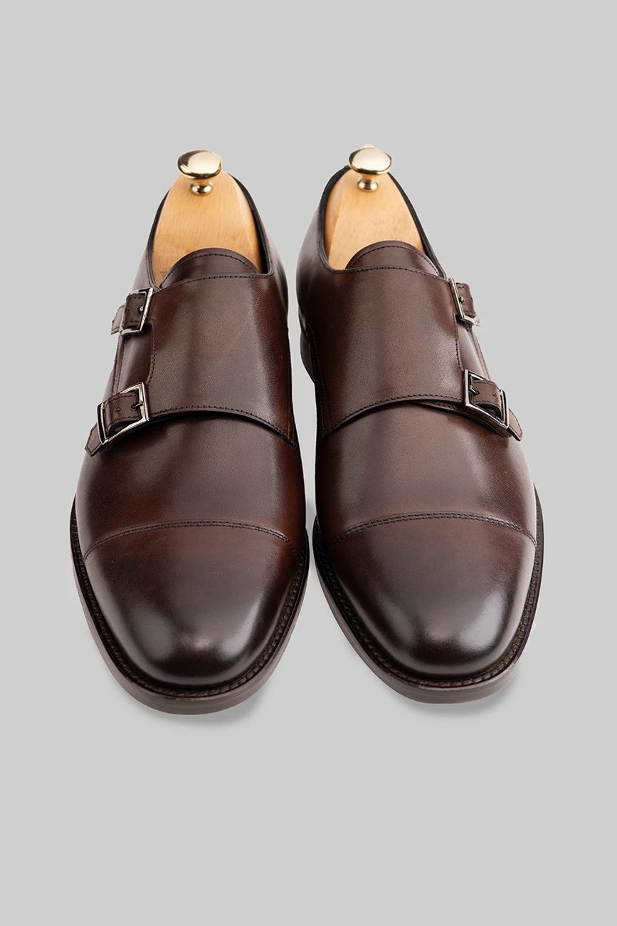 Brauner Double-Monk-Strap-Schuh aus Kalbsleder