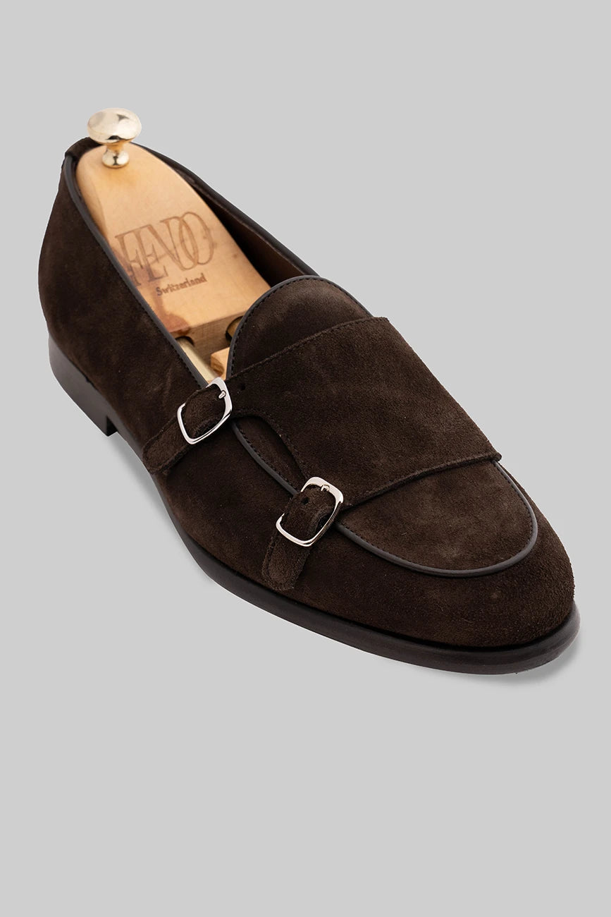 Brauner Double Monk Strap-Schuh aus Veloursleder