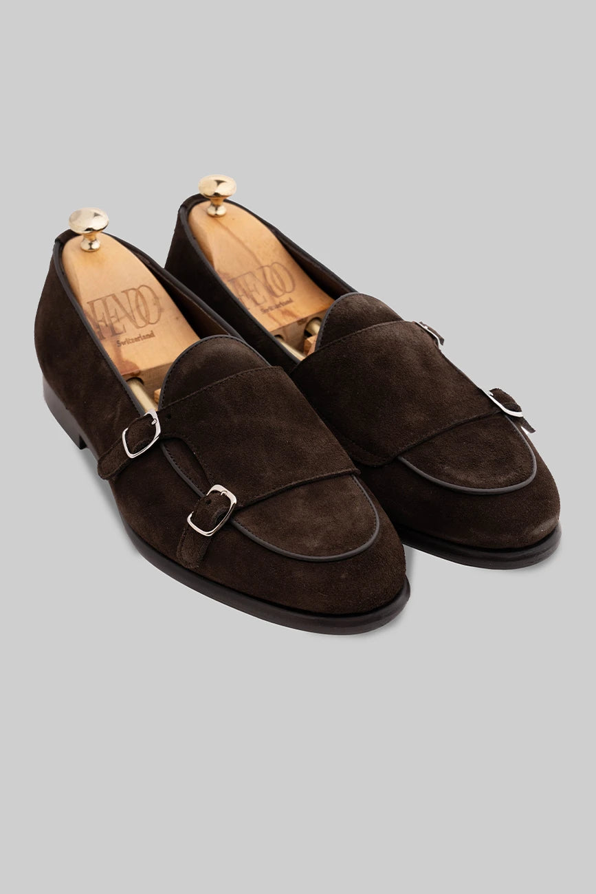 Brauner Double Monk Strap-Schuh aus Veloursleder