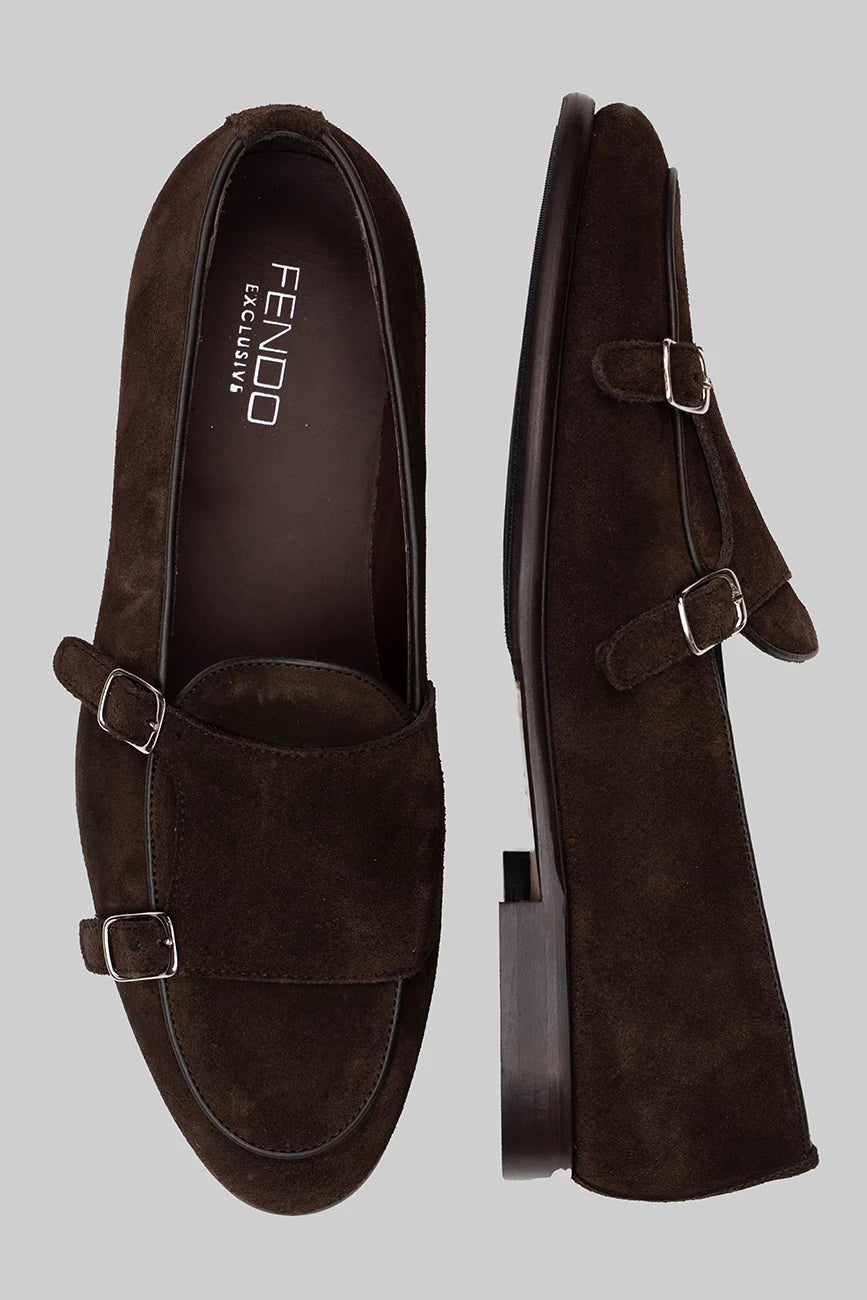 Brauner Double Monk Strap-Schuh aus Veloursleder