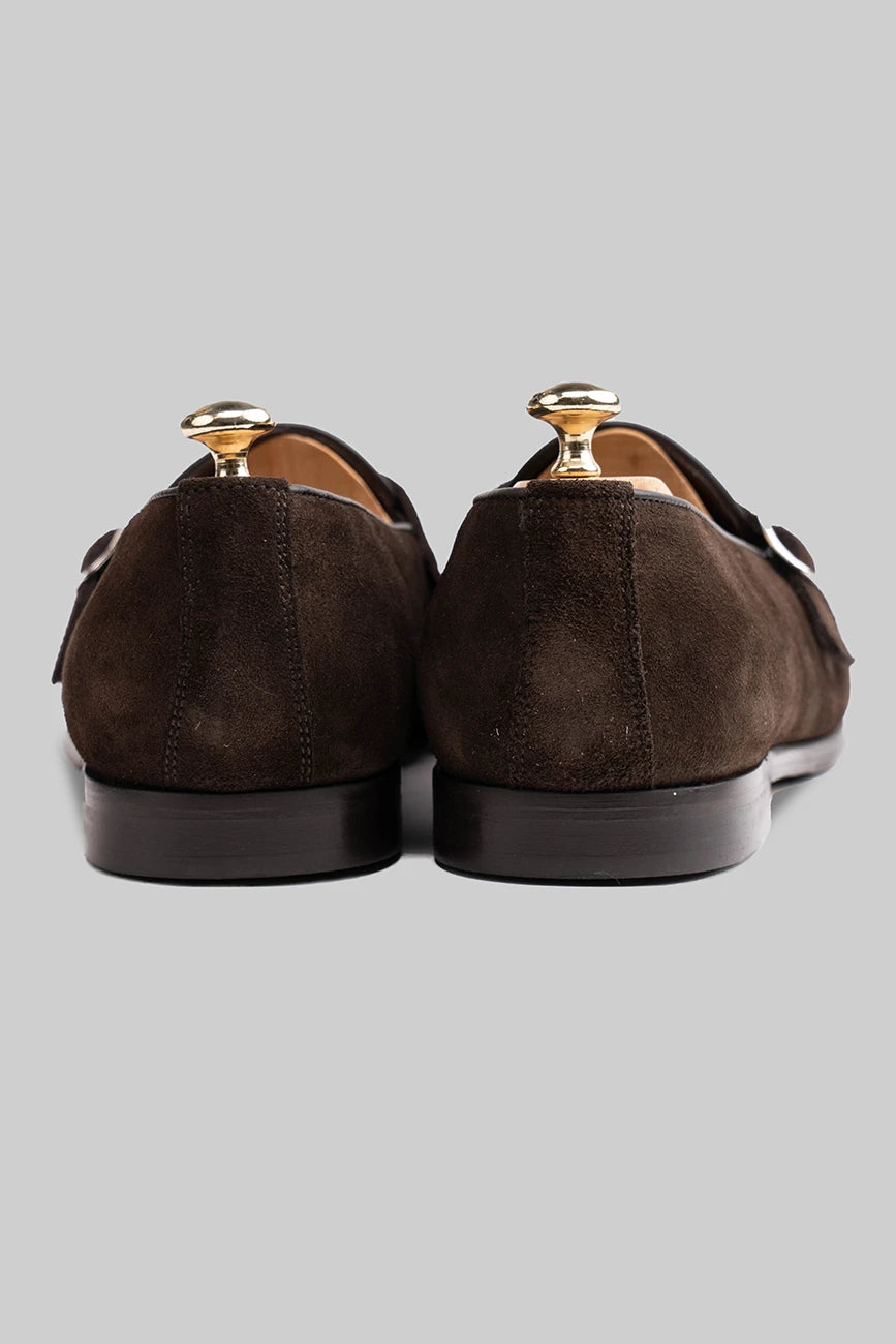 Brauner Double Monk Strap-Schuh aus Veloursleder