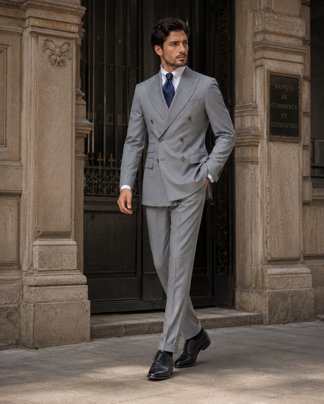 Grauer Slim-Fit-Zweireiher aus Wolle
