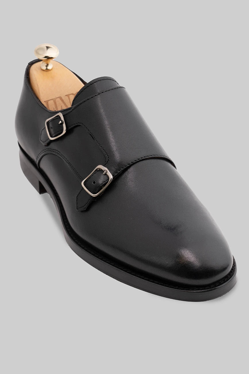 Schwarzer Double Monk Strap-Schuh aus Kalbsleder