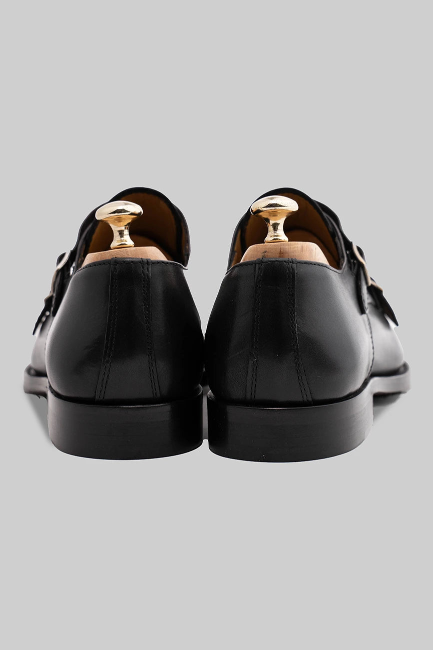 Schwarzer Double Monk Strap-Schuh aus Kalbsleder