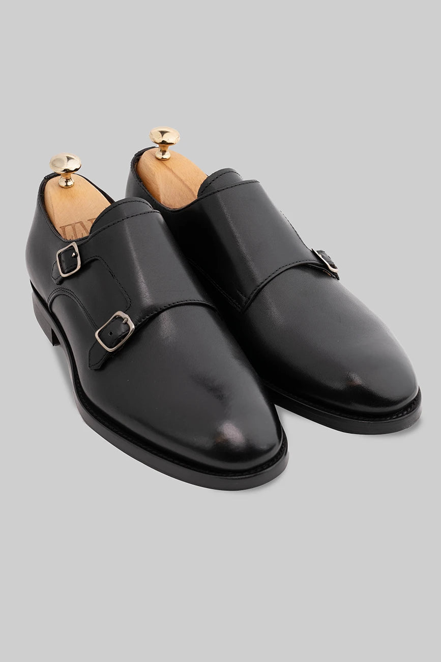 Schwarzer Double Monk Strap-Schuh aus Kalbsleder