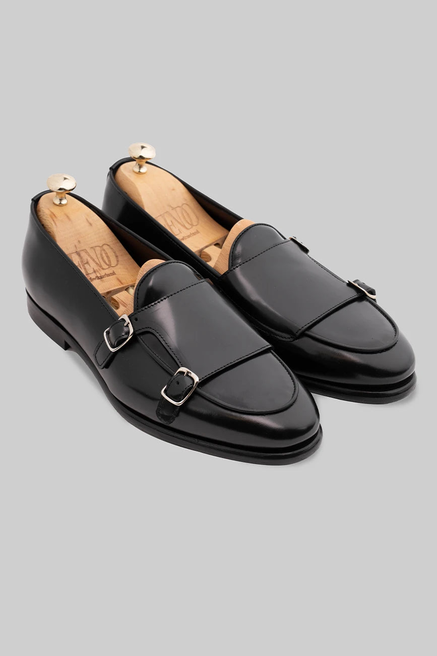 Schwarzer Double Monk Strap-Schuh aus Glattleder