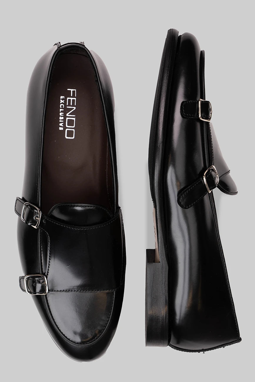 Schwarzer Double Monk Strap-Schuh aus Glattleder