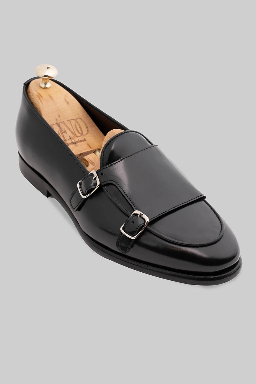 Schwarzer Double Monk Strap-Schuh aus Glattleder