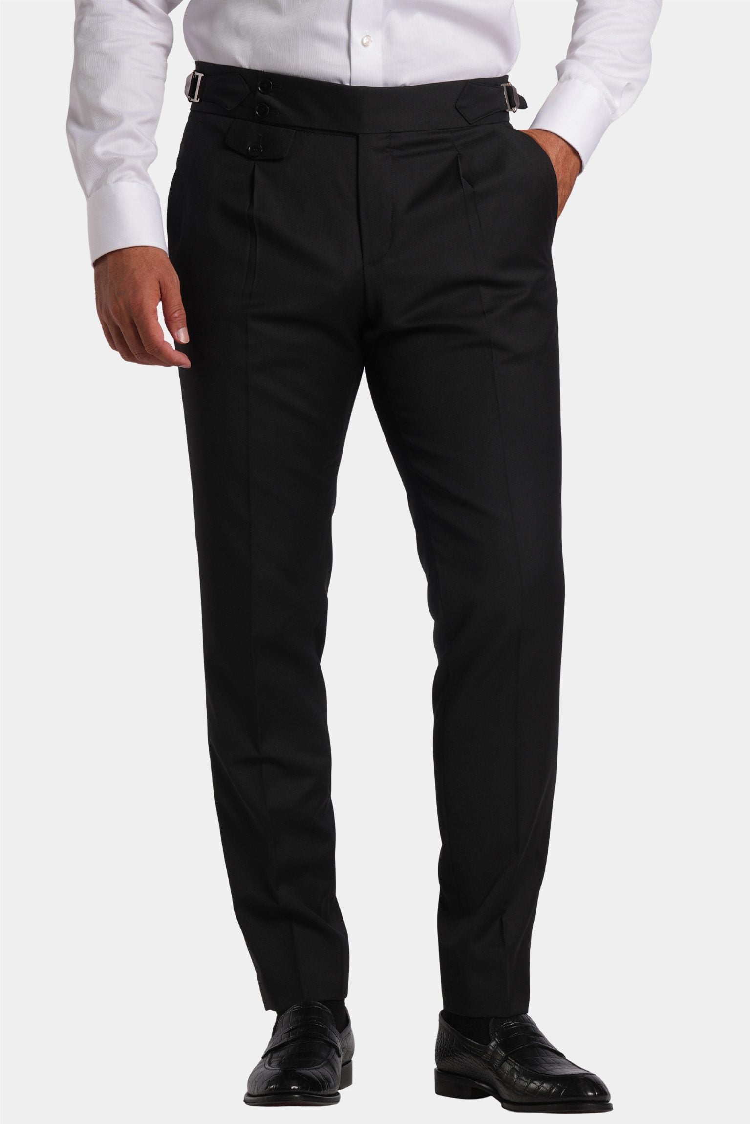 Schwarzer Slim Fit Zweireiher Anzug aus Wolle