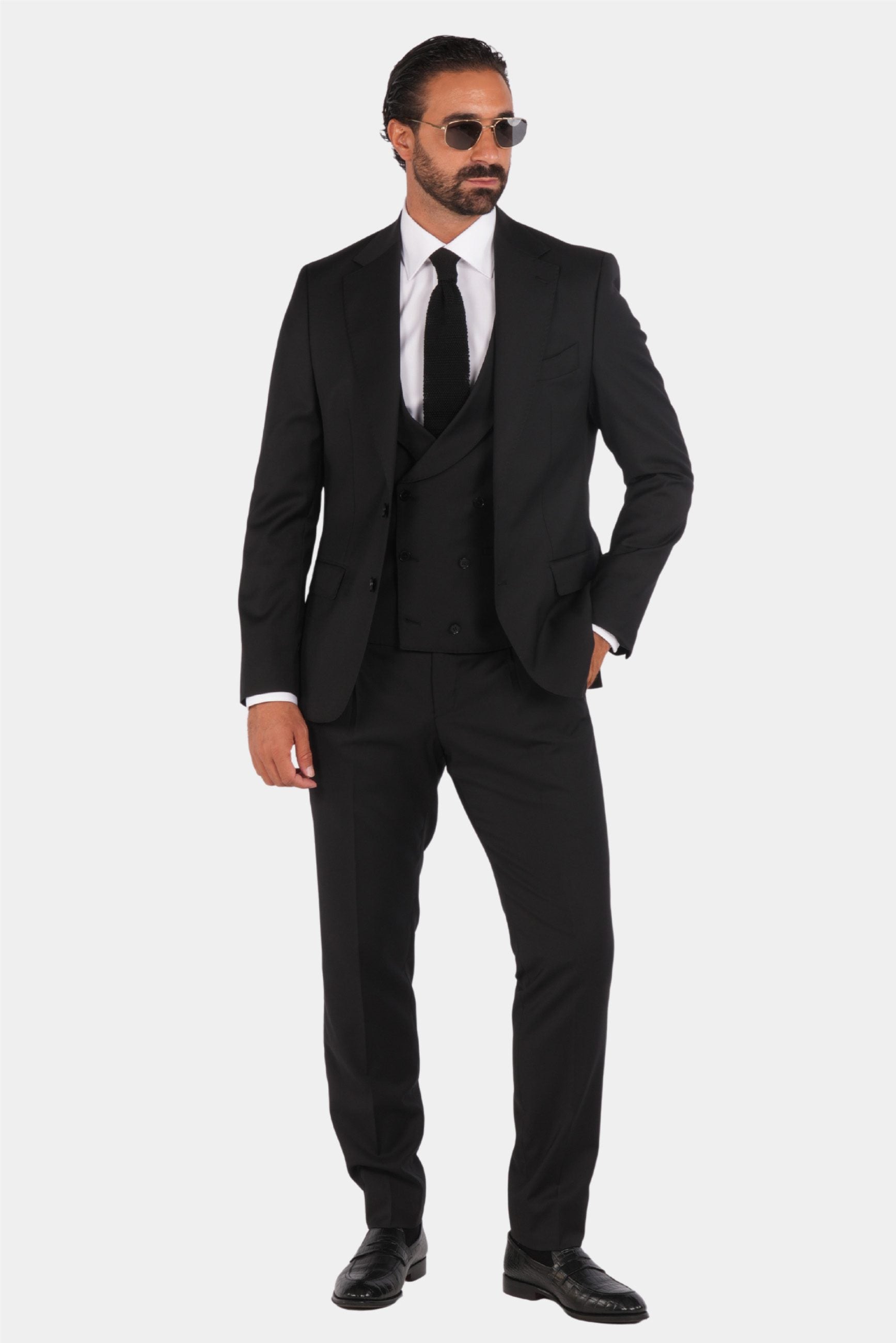 Schwarzer Slim Fit Einreiher Dreiteiliger Anzug aus Wolle