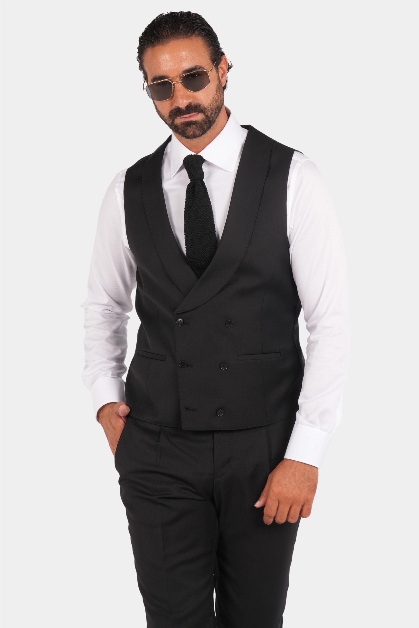 Schwarzer Slim Fit Einreiher Dreiteiliger Anzug aus Wolle