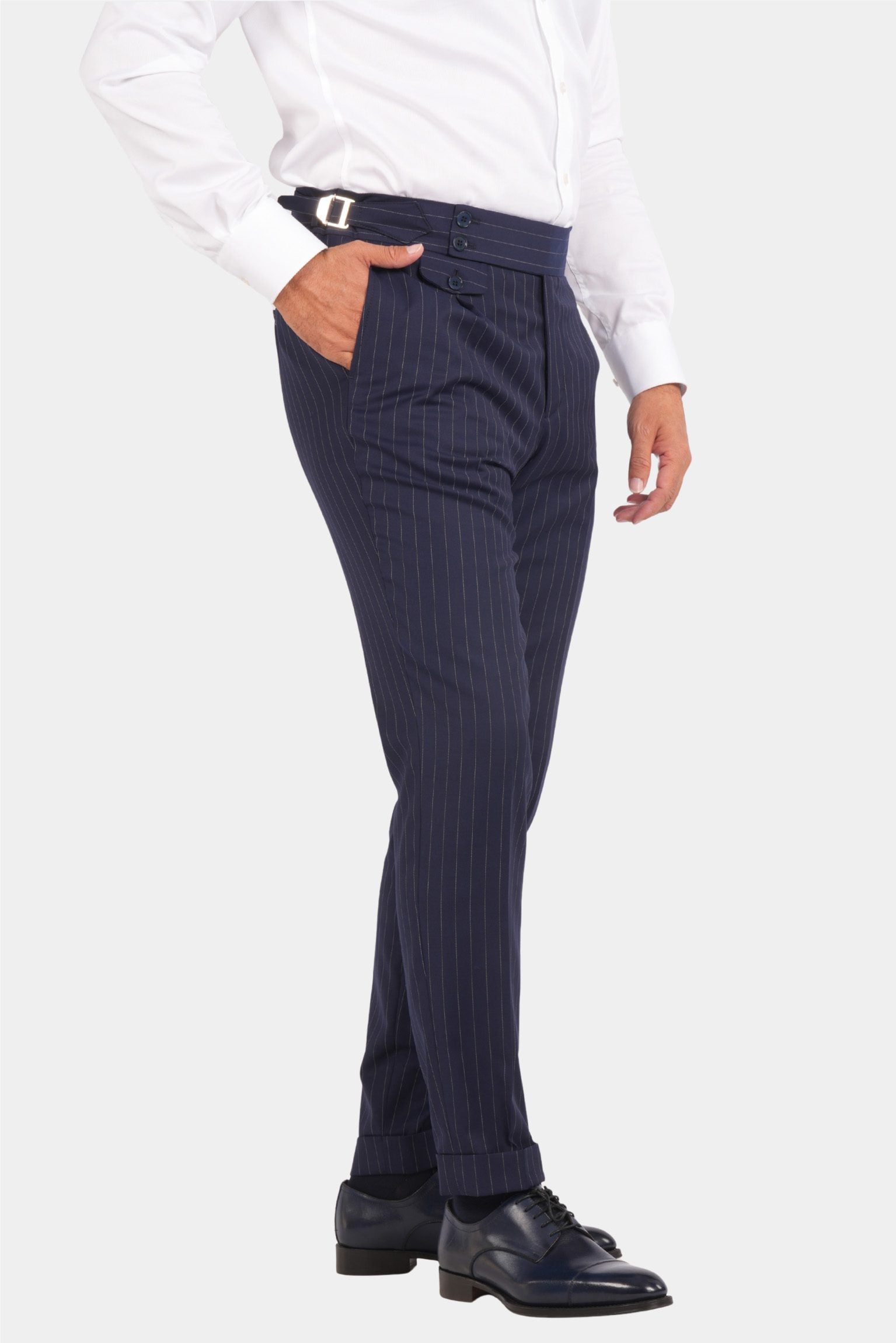 Marineblauer Nadelstreifen Slim Fit Zweireiher Anzug aus Wolle