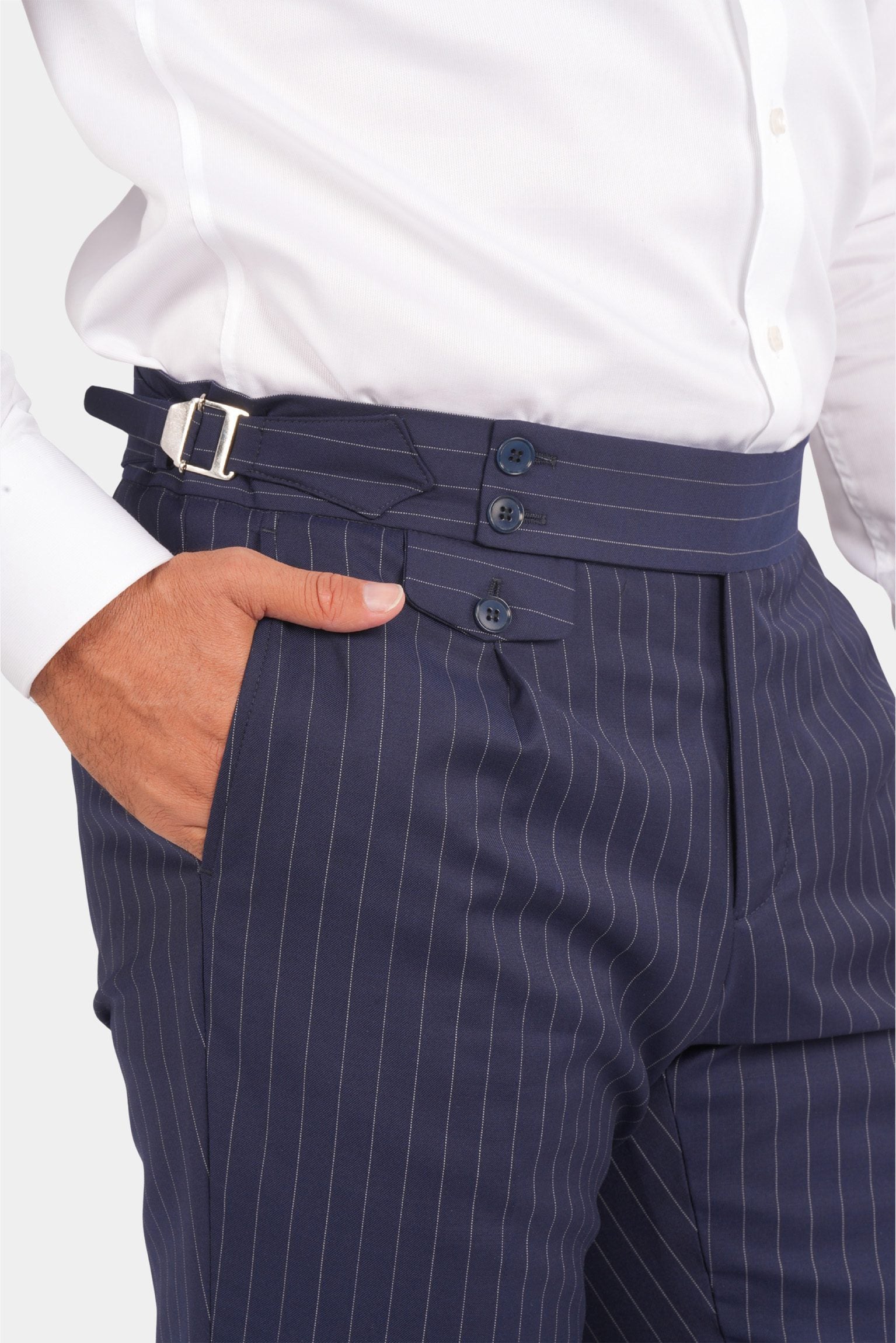 Marineblauer Nadelstreifen Slim Fit Zweireiher Anzug aus Wolle