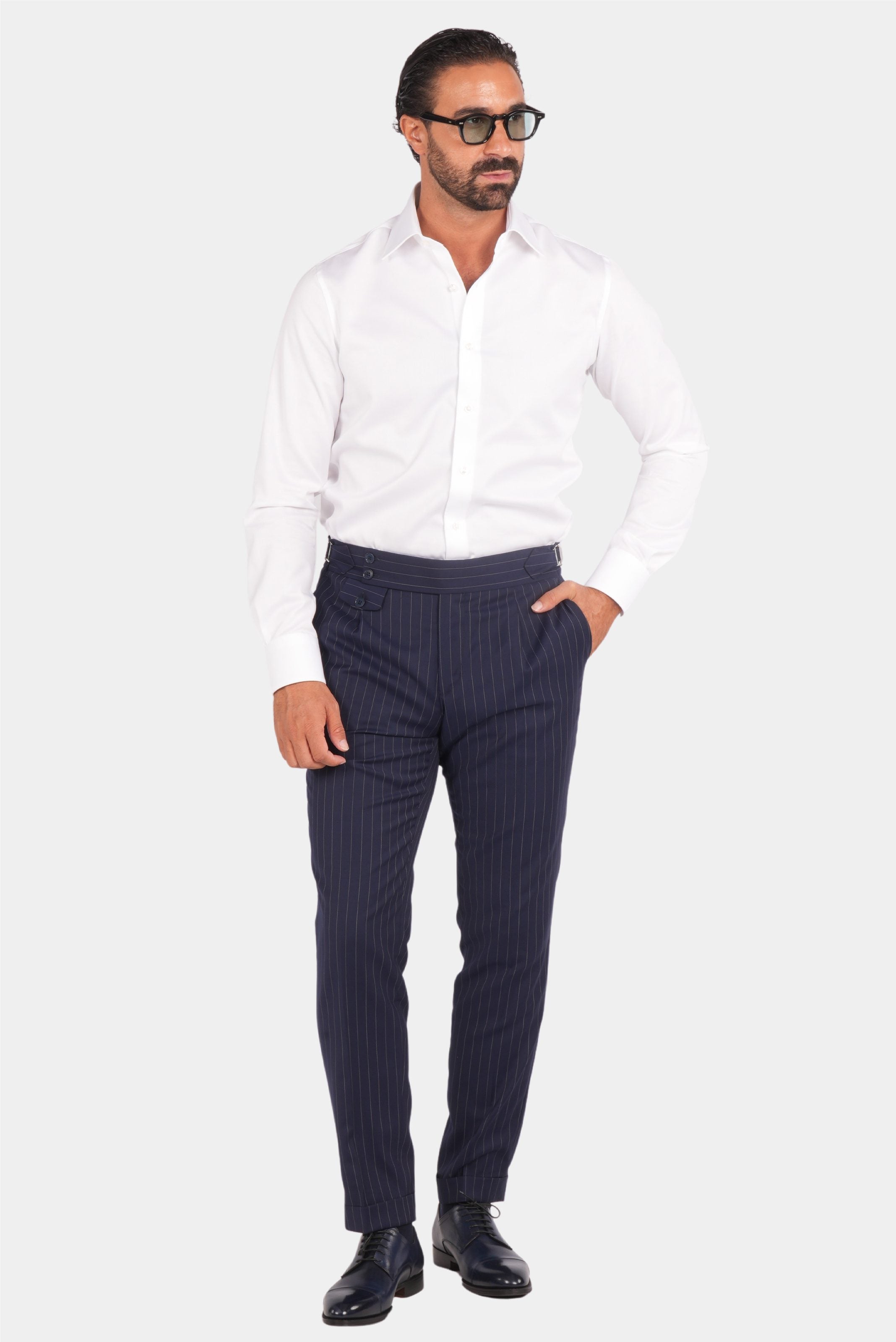 Marineblauer Nadelstreifen Slim Fit Zweireiher Anzug aus Wolle