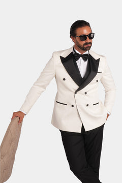Weisser Slim Fit Zweireiher Smoking aus Wolle