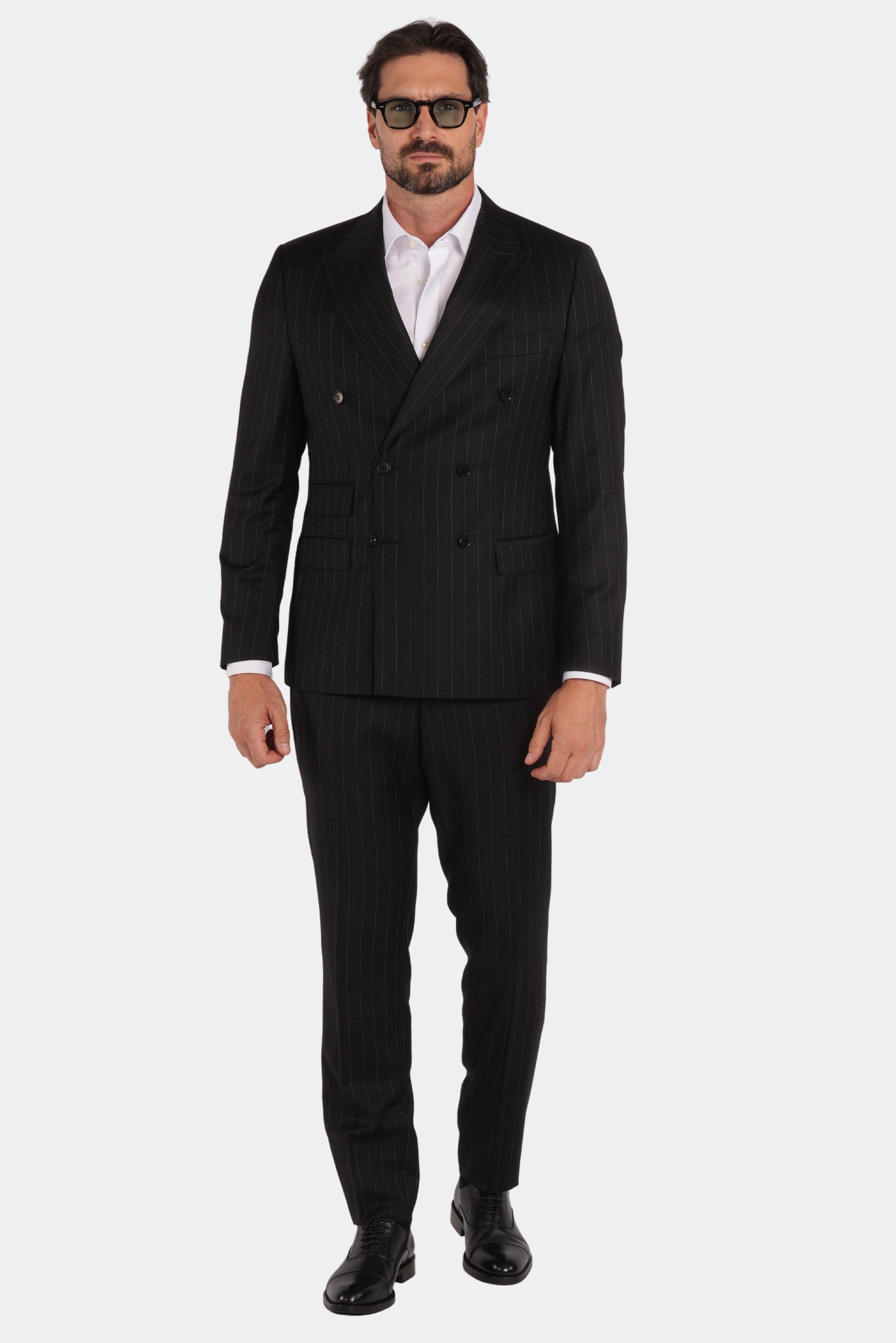Schwarzer Nadelstreifen Slim Fit Zweireiher Anzug aus Wolle