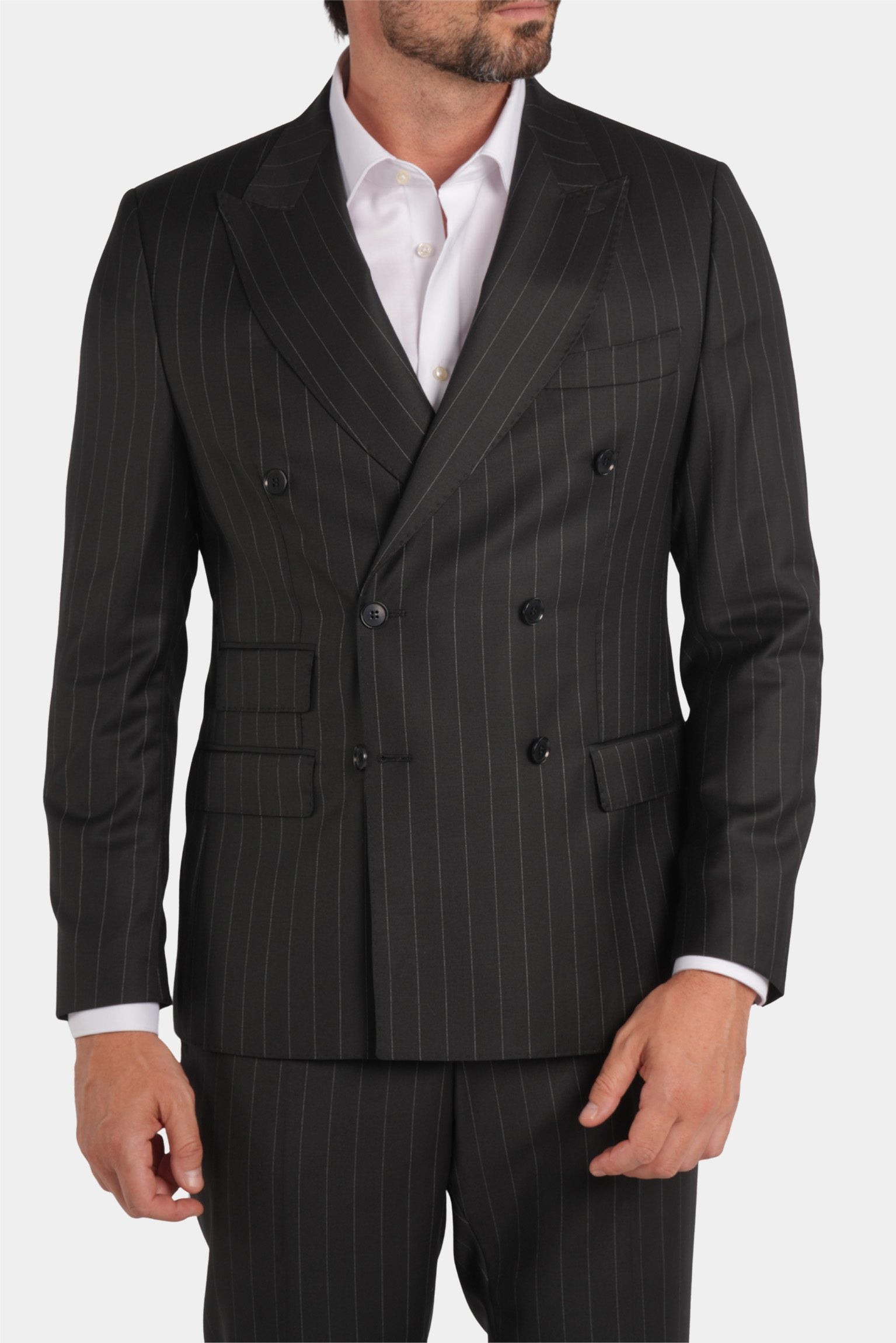 Schwarzer Nadelstreifen Slim Fit Zweireiher Anzug aus Wolle