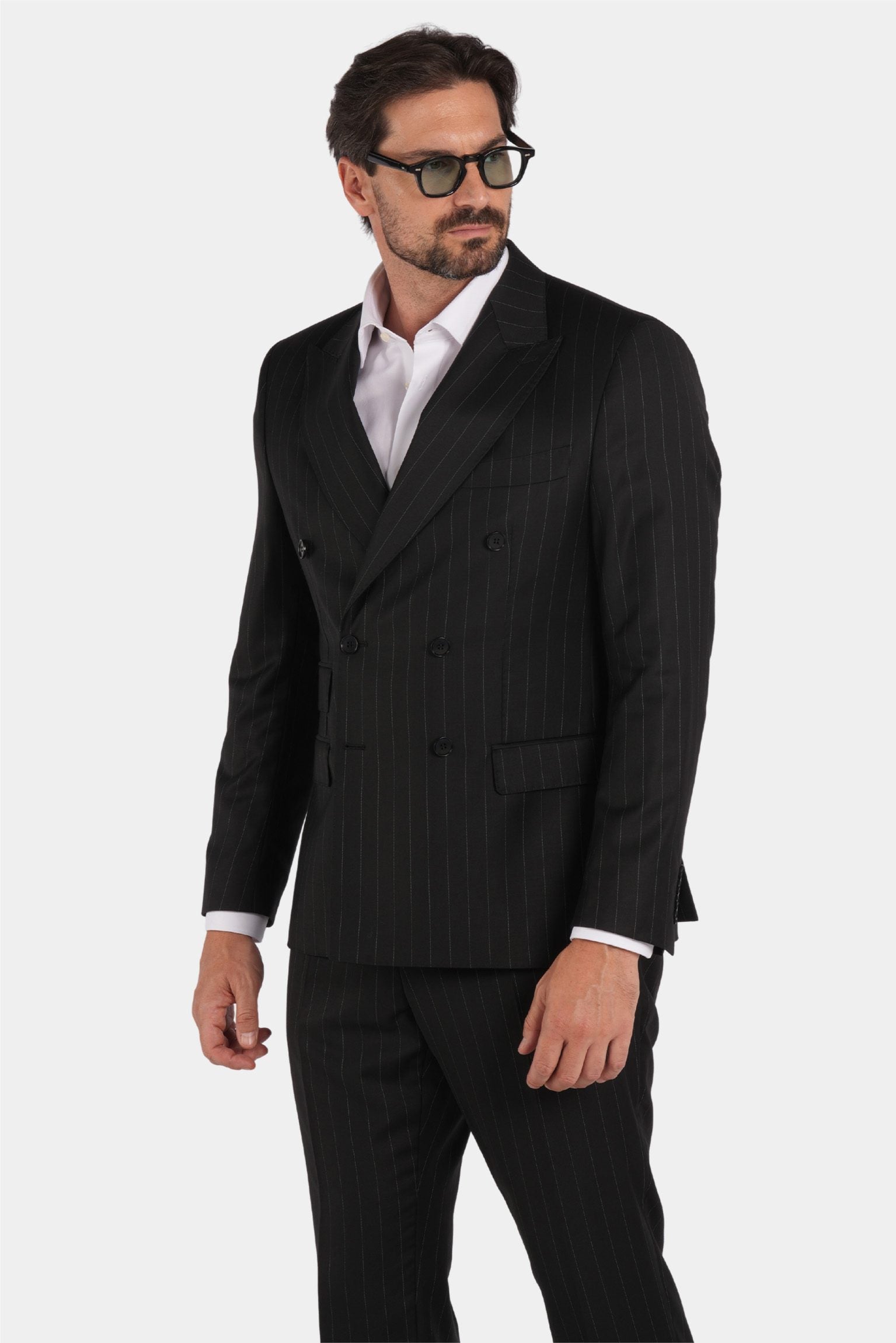 Schwarzer Nadelstreifen Slim Fit Zweireiher Anzug aus Wolle