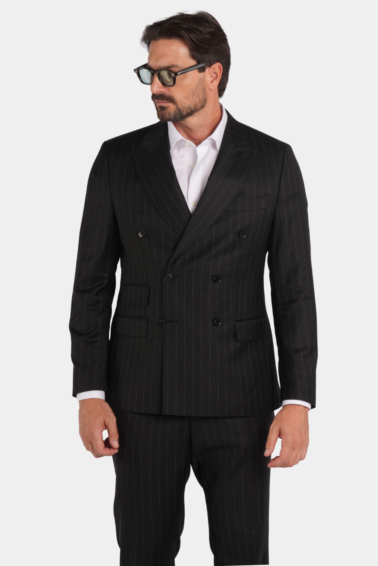 Schwarzer Nadelstreifen Slim Fit Zweireiher Anzug aus Wolle