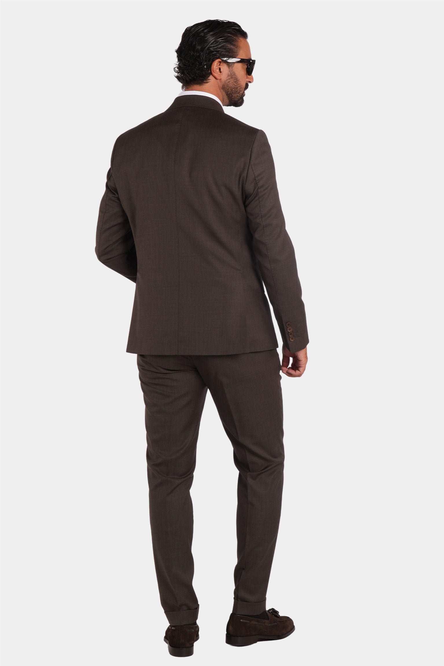 Brauner Slim Fit Zweireiher Anzug aus Wolle