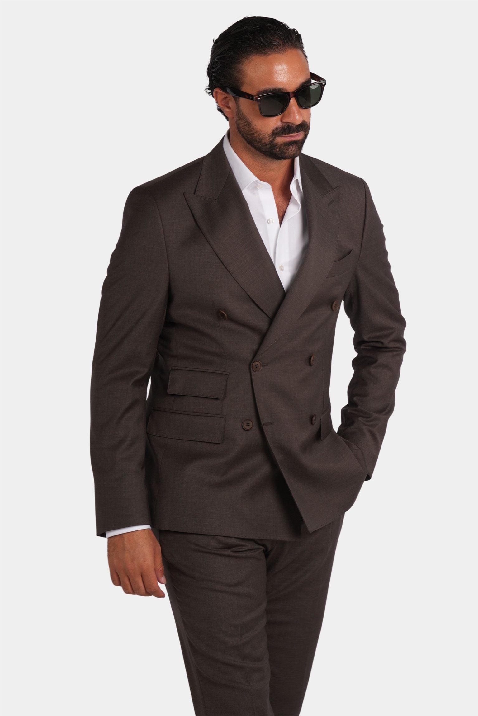 Brauner Slim Fit Zweireiher Anzug aus Wolle