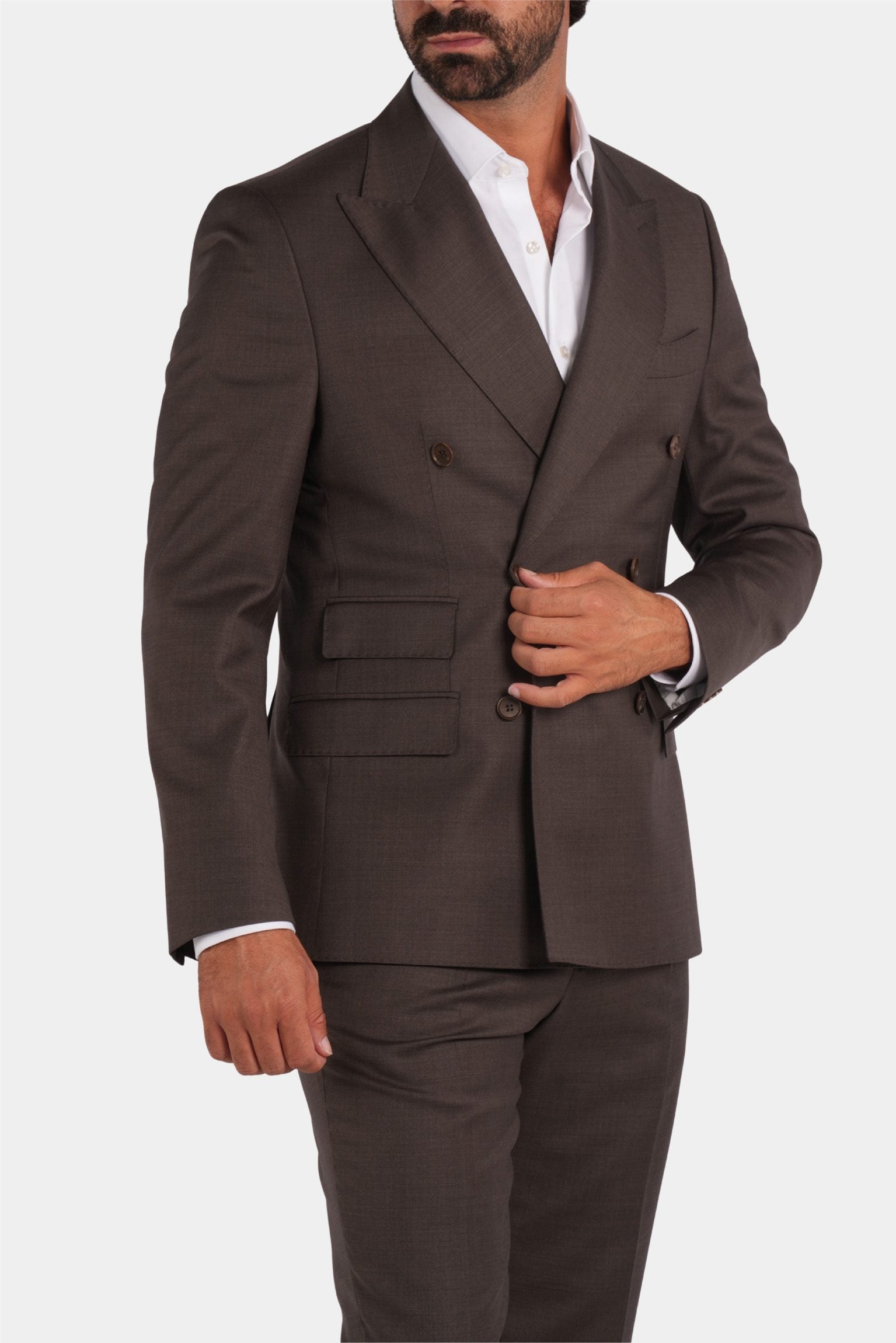 Brauner Slim Fit Zweireiher Anzug aus Wolle