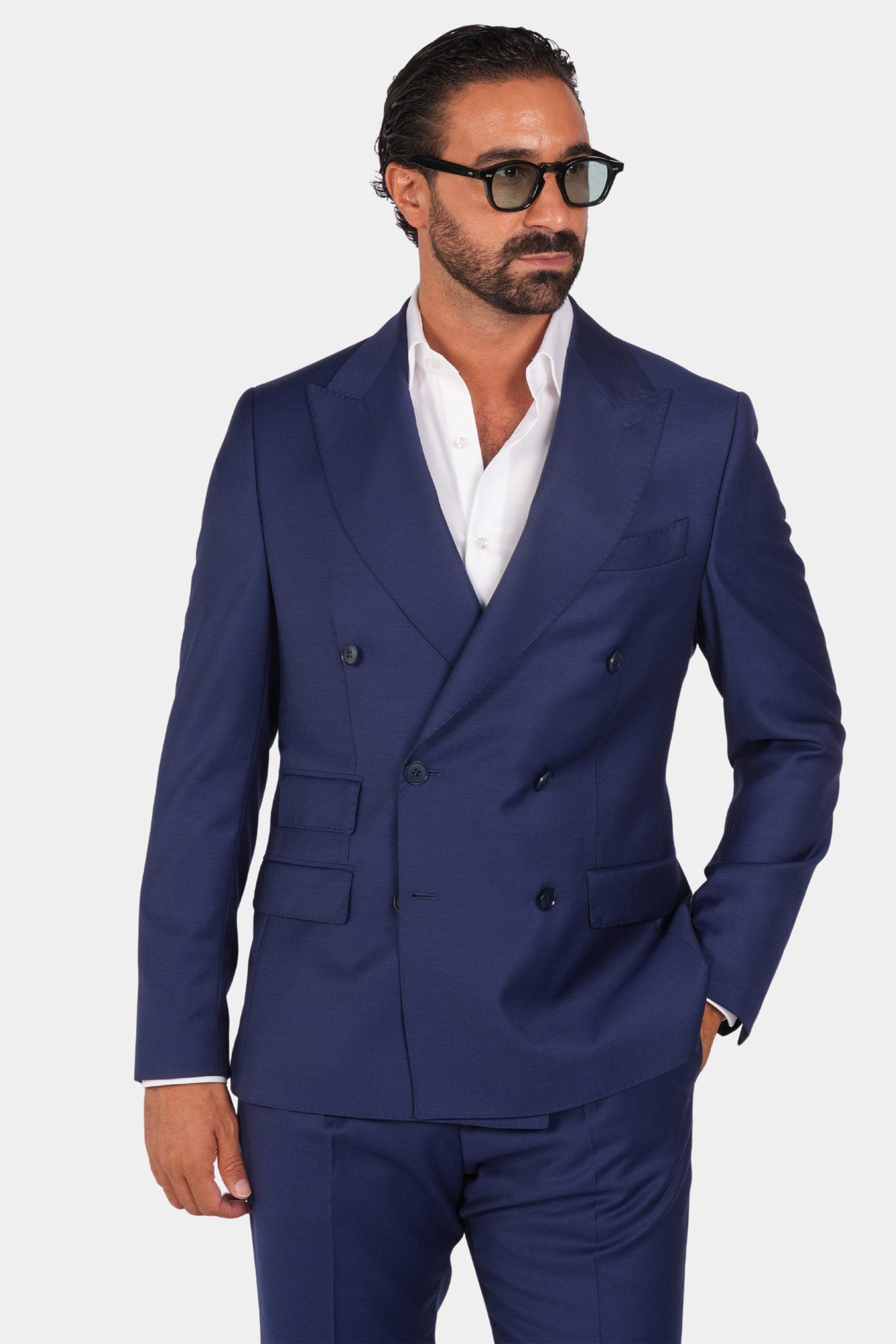 Blauer Slim Fit Zweireiher Anzug aus Wolle