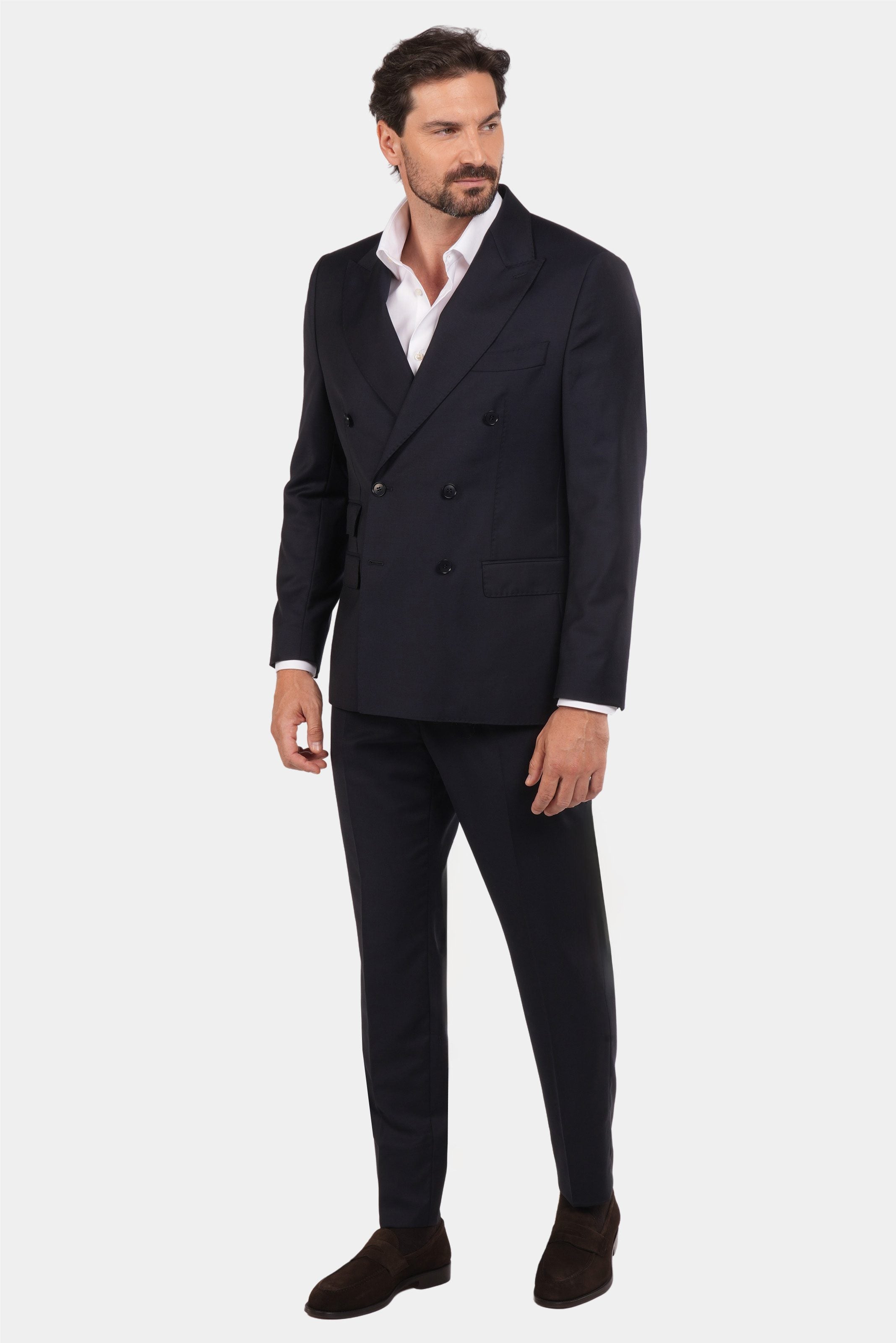 Dunkelblauer Slim Fit Zweireiher Anzug aus Wolle