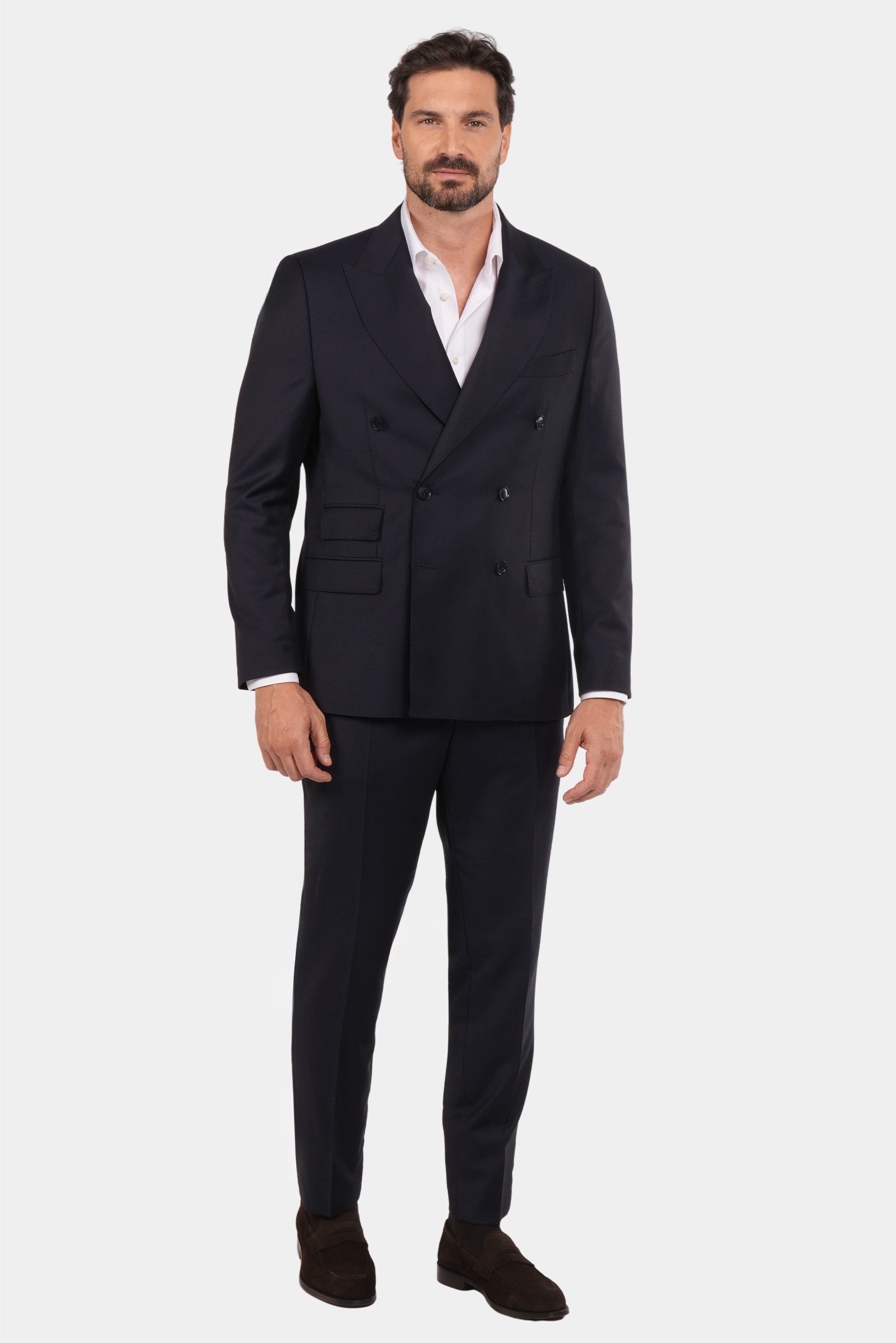 Dunkelblauer Slim Fit Zweireiher Anzug aus Wolle