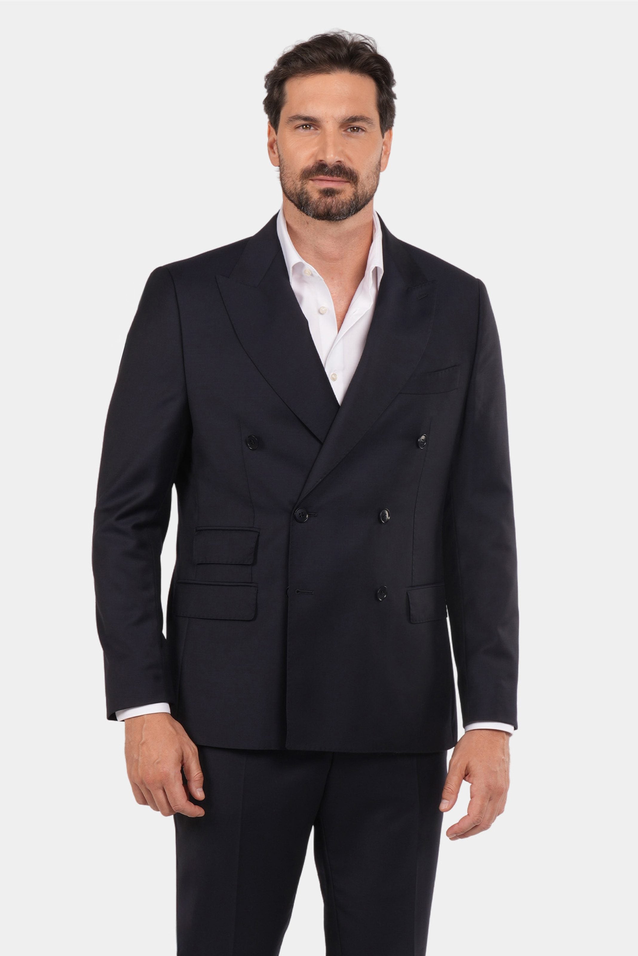 Dunkelblauer Slim Fit Zweireiher Anzug aus Wolle