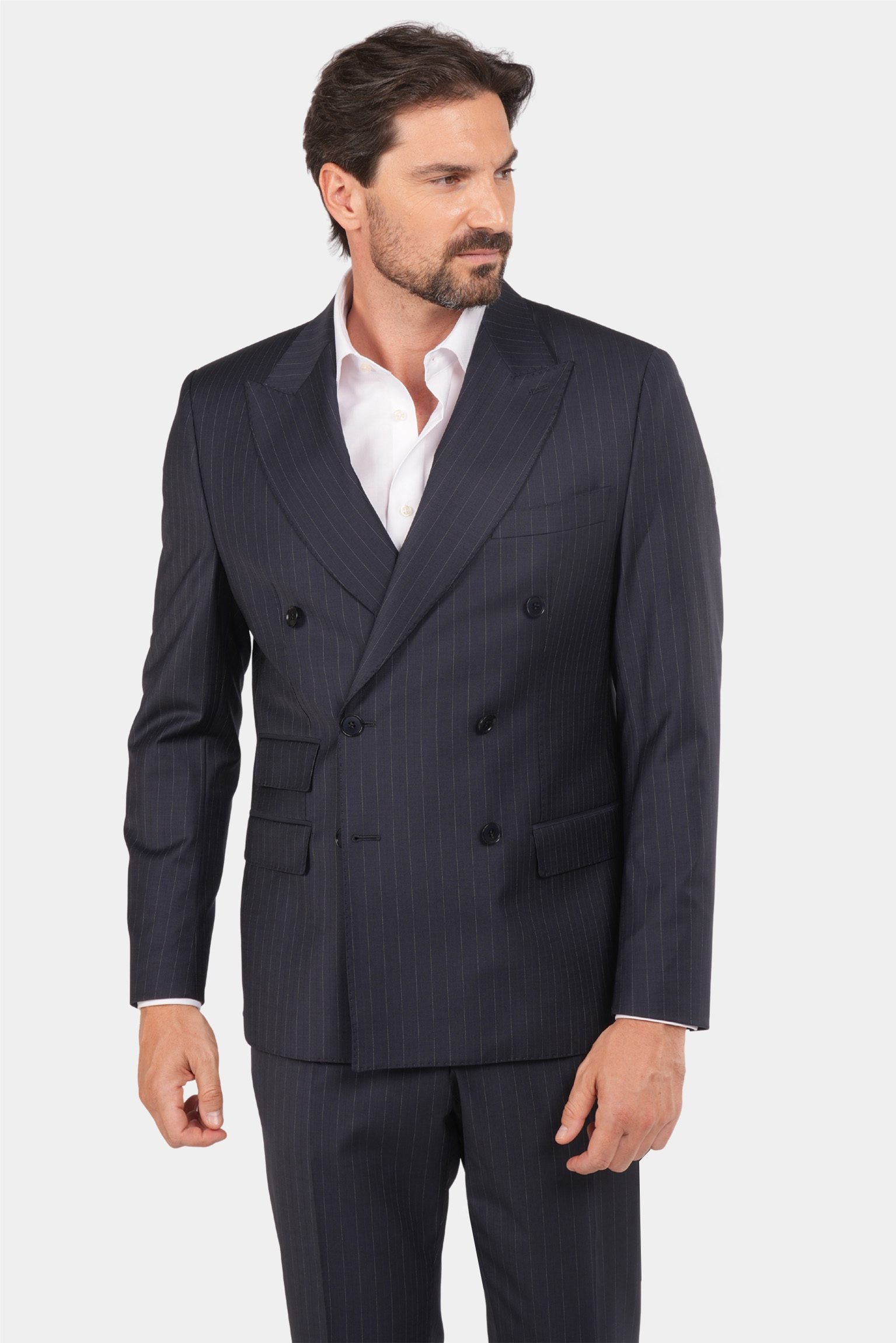 Dunkelblauer Nadelstreifen Slim Fit Zweireiher Anzug aus Wolle