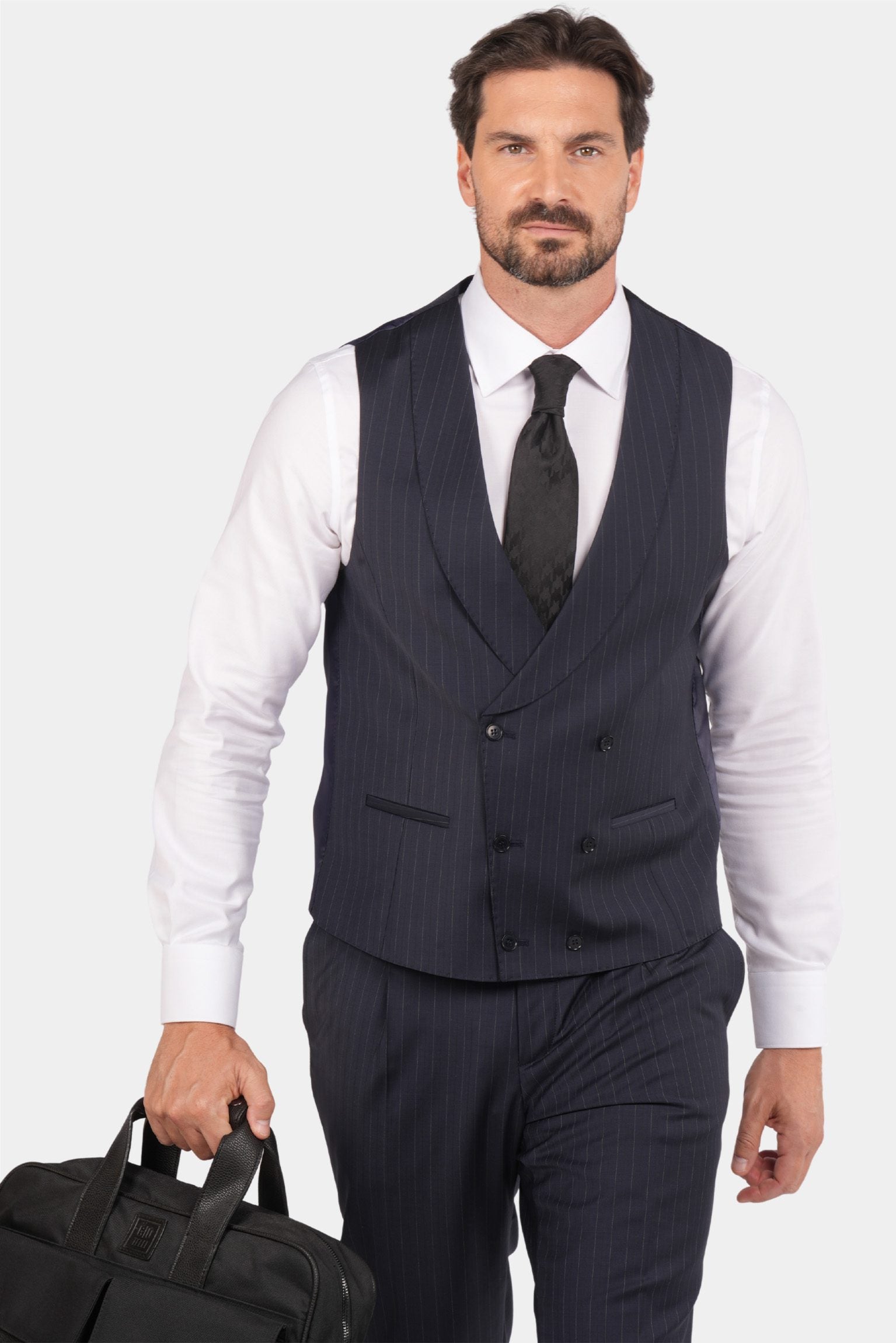 Dunkelblauer Nadelstreifen Slim Fit Dreiteiliger Anzug aus Wolle