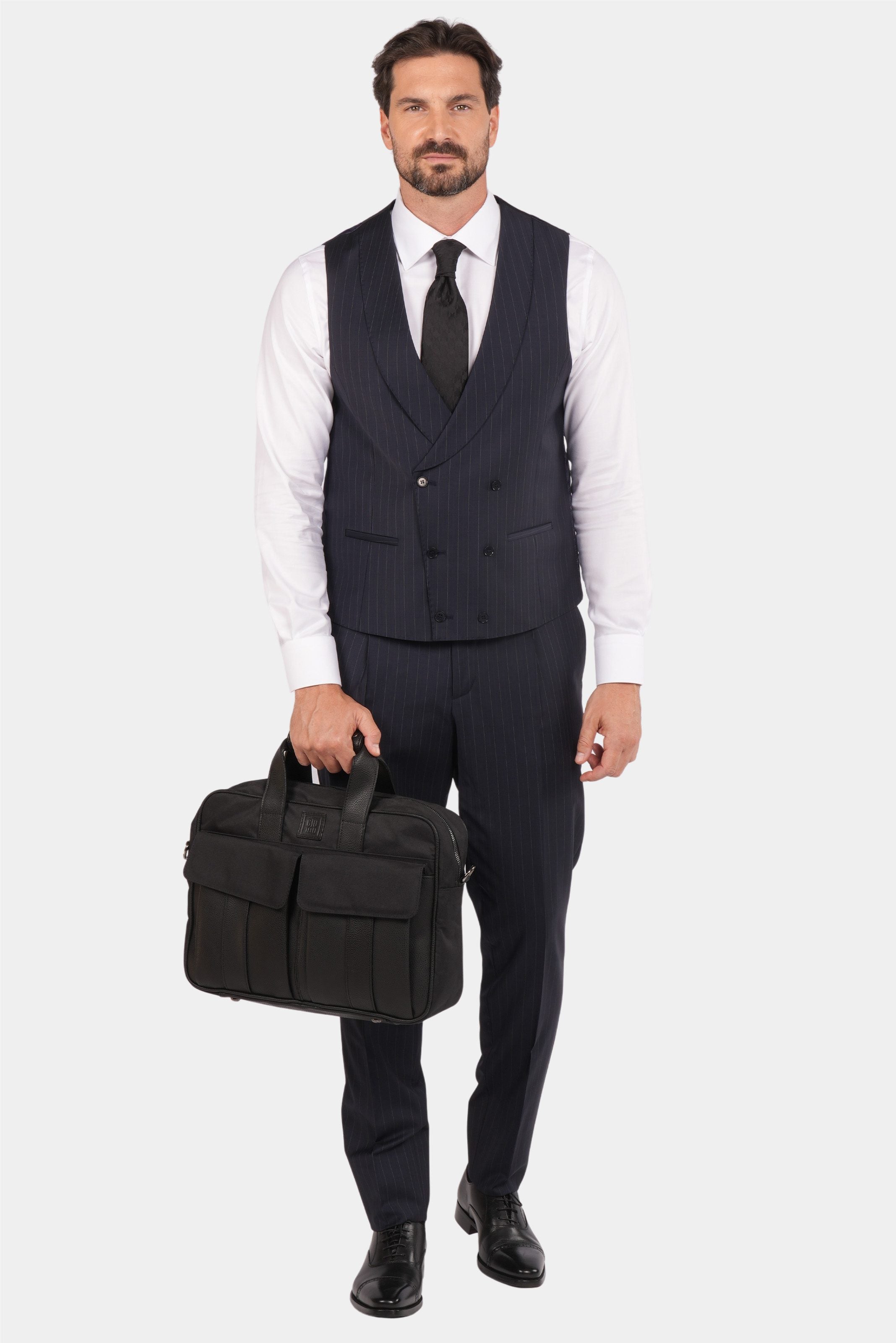 Dunkelblauer Nadelstreifen Slim Fit Dreiteiliger Anzug aus Wolle