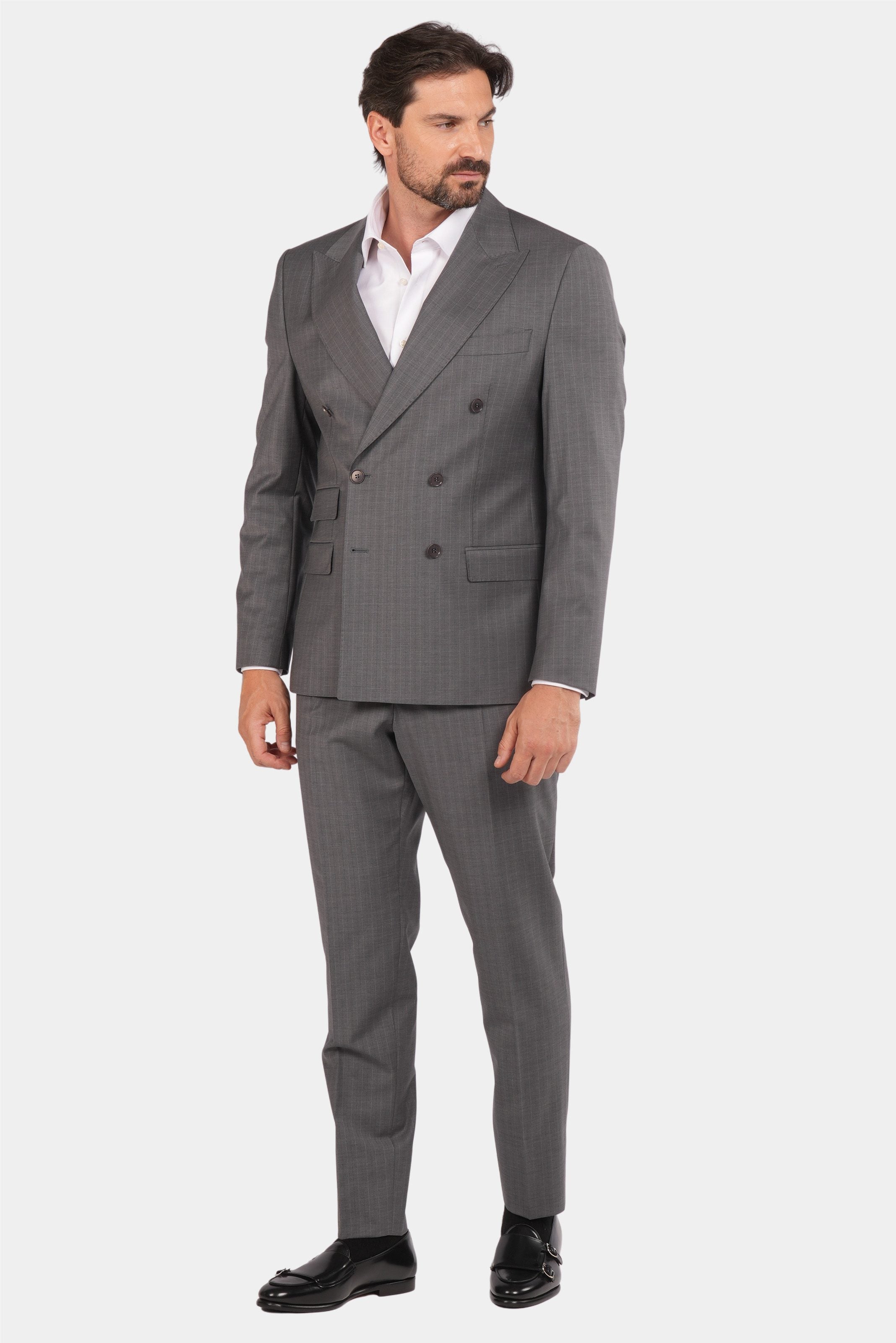 Grauer Slim Fit Zweireiher Anzug aus Wolle
